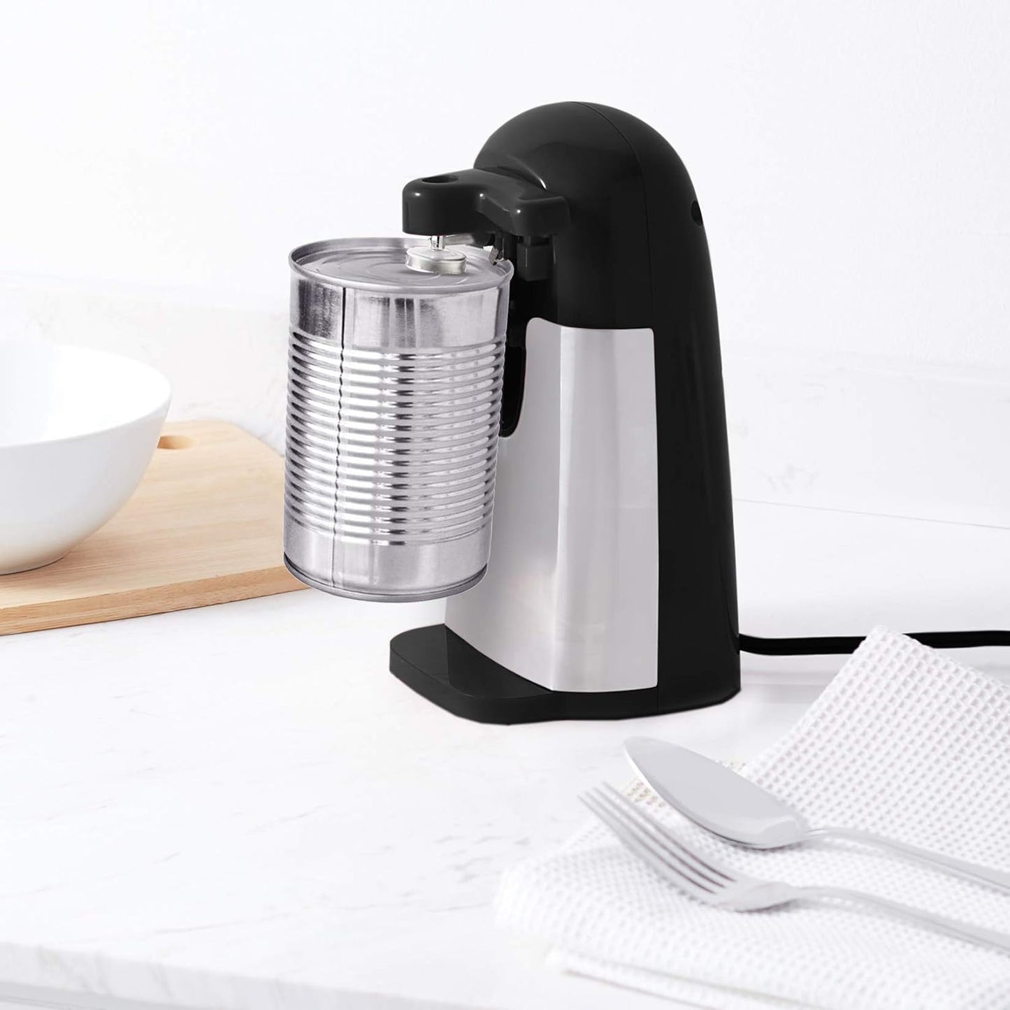 Amazon Basics 3-In-1 Electric Can Opener, Bottle Opener and Knife Sharpener, with Stainless Steel Blade, Magnetic Lid Holder, Automatic, Countertop, 50W, Black