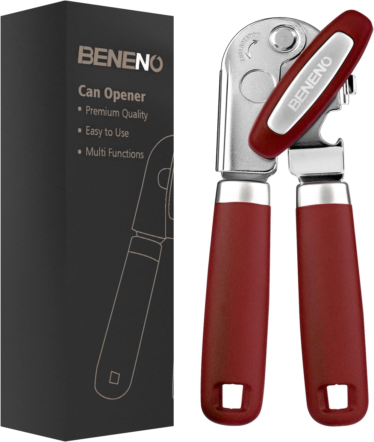 Beneno Can Opener Manual with Magnet, Hand Held Heavy Duty Can Opener with Durable Sharp Blade Smooth Edge, Big Effort-Saving Knob, Soft Grip Rubber Handle, Multifunctional Bottle Opener, Green