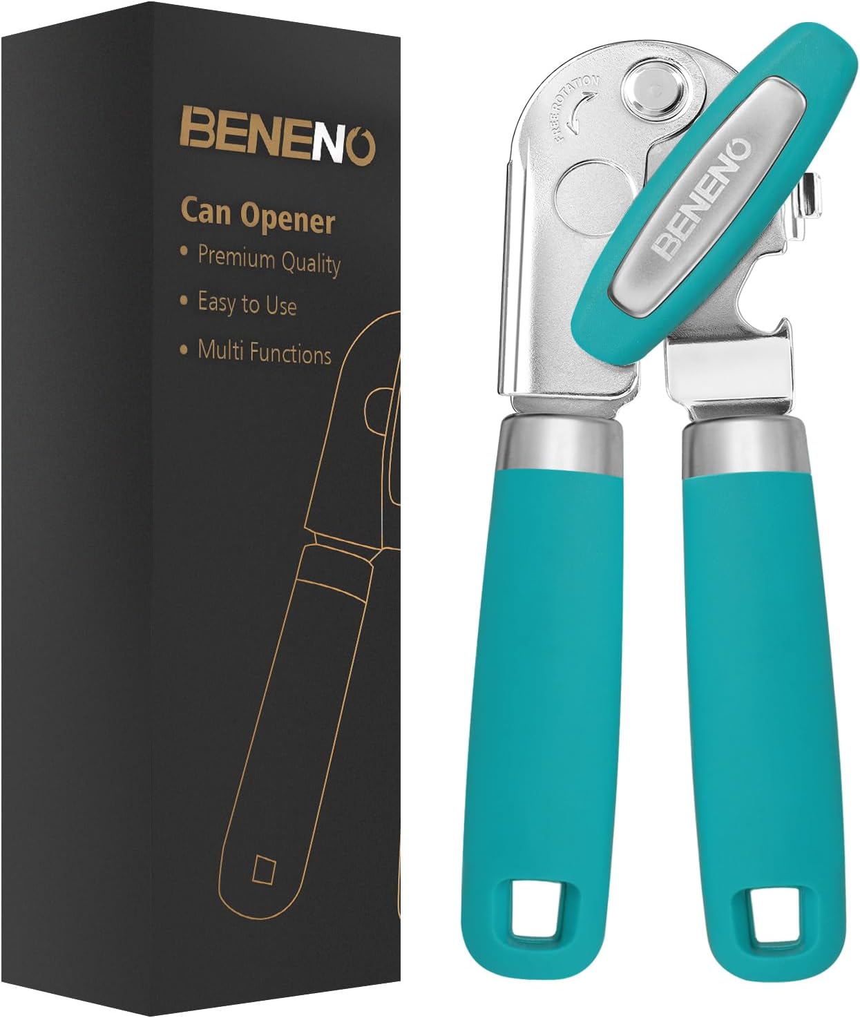 Beneno Can Opener Manual with Magnet, Hand Held Heavy Duty Can Opener with Durable Sharp Blade Smooth Edge, Big Effort-Saving Knob, Soft Grip Rubber Handle, Multifunctional Bottle Opener, Green