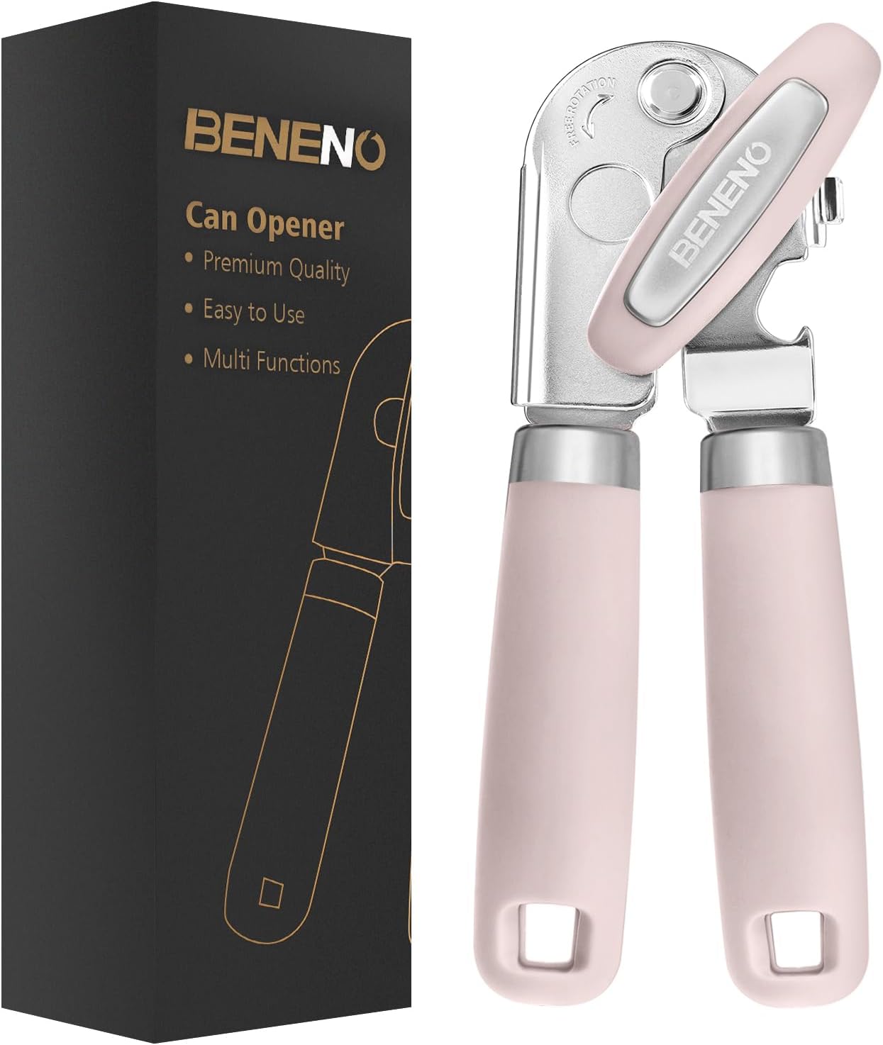 Beneno Can Opener Manual with Magnet, Hand Held Heavy Duty Can Opener with Durable Sharp Blade Smooth Edge, Big Effort-Saving Knob, Soft Grip Rubber Handle, Multifunctional Bottle Opener, Green