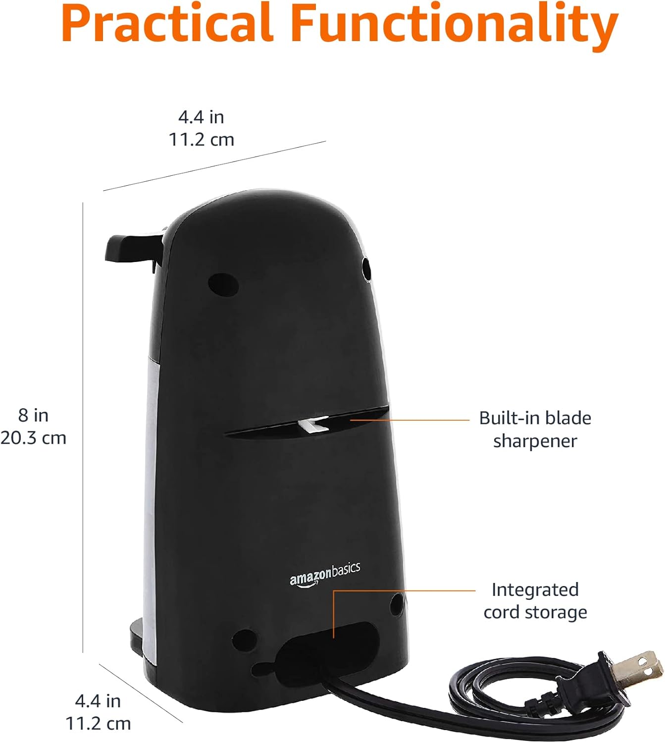 Amazon Basics 3-In-1 Electric Can Opener, Bottle Opener and Knife Sharpener, with Stainless Steel Blade, Magnetic Lid Holder, Automatic, Countertop, 50W, Black