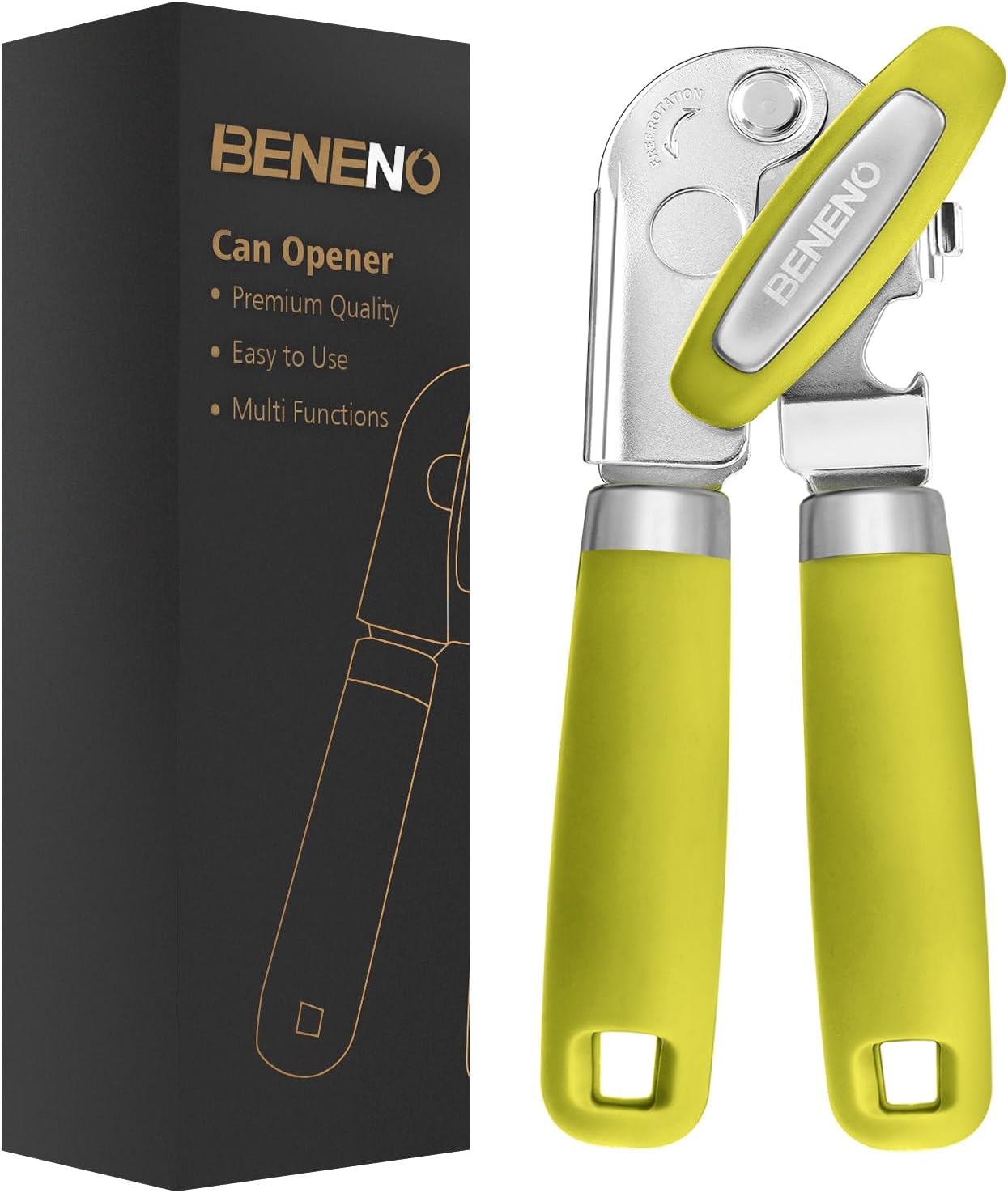 Beneno Can Opener Manual with Magnet, Hand Held Heavy Duty Can Opener with Durable Sharp Blade Smooth Edge, Big Effort-Saving Knob, Soft Grip Rubber Handle, Multifunctional Bottle Opener, Green