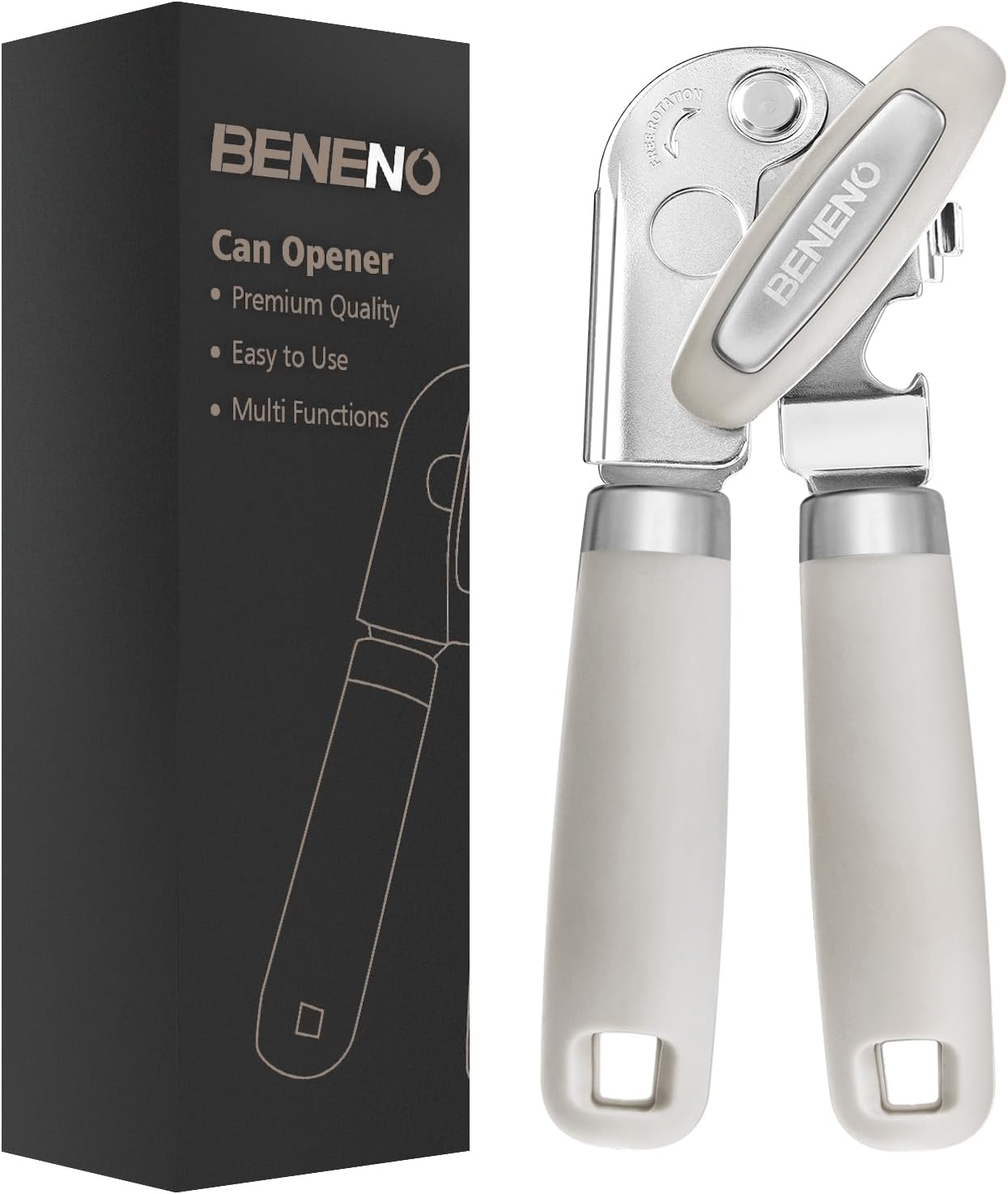 Beneno Can Opener Manual with Magnet, Hand Held Heavy Duty Can Opener with Durable Sharp Blade Smooth Edge, Big Effort-Saving Knob, Soft Grip Rubber Handle, Multifunctional Bottle Opener, Green