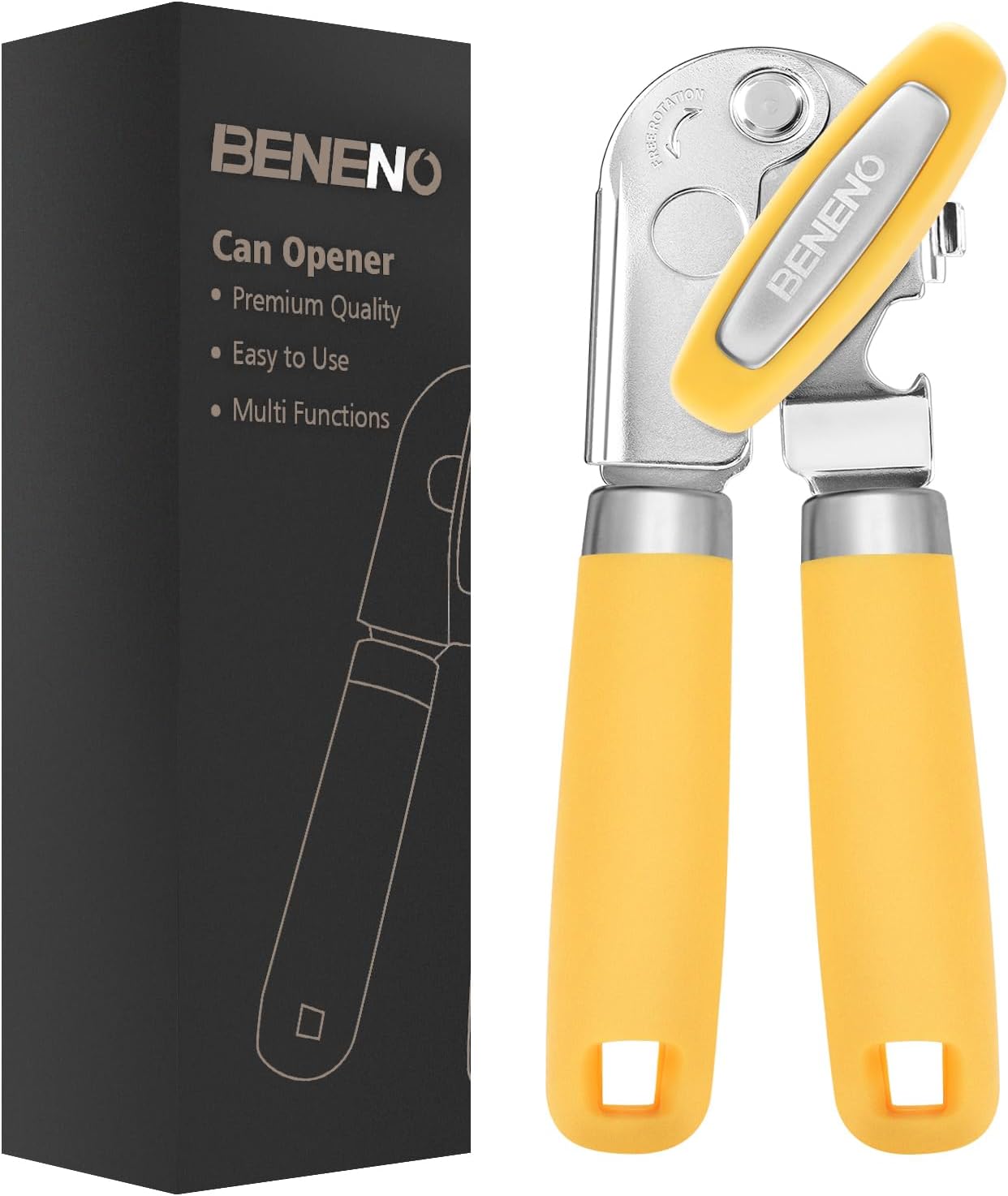 Beneno Can Opener Manual with Magnet, Hand Held Heavy Duty Can Opener with Durable Sharp Blade Smooth Edge, Big Effort-Saving Knob, Soft Grip Rubber Handle, Multifunctional Bottle Opener, Green