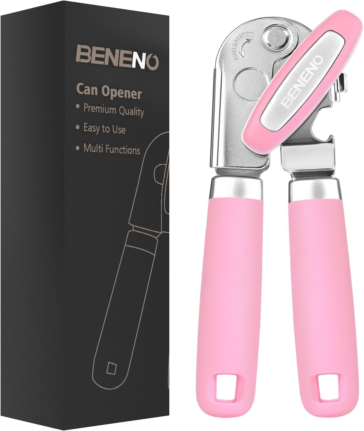 Beneno Can Opener Manual with Magnet, Hand Held Heavy Duty Can Opener with Durable Sharp Blade Smooth Edge, Big Effort-Saving Knob, Soft Grip Rubber Handle, Multifunctional Bottle Opener, Green