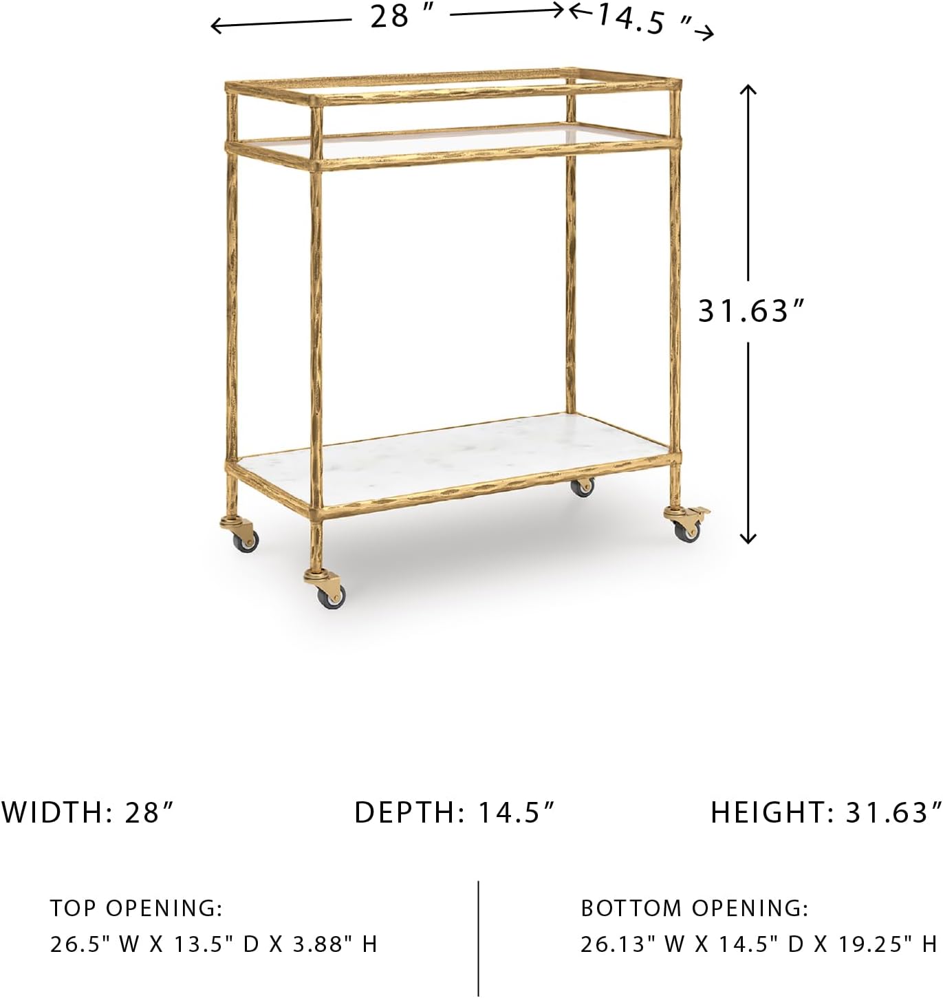 Signature Design by Ashley Plattfield Casual Antiqued 2-Tier Bar Cart with Casters, for Kitchen and Dining Room, Metallic & White