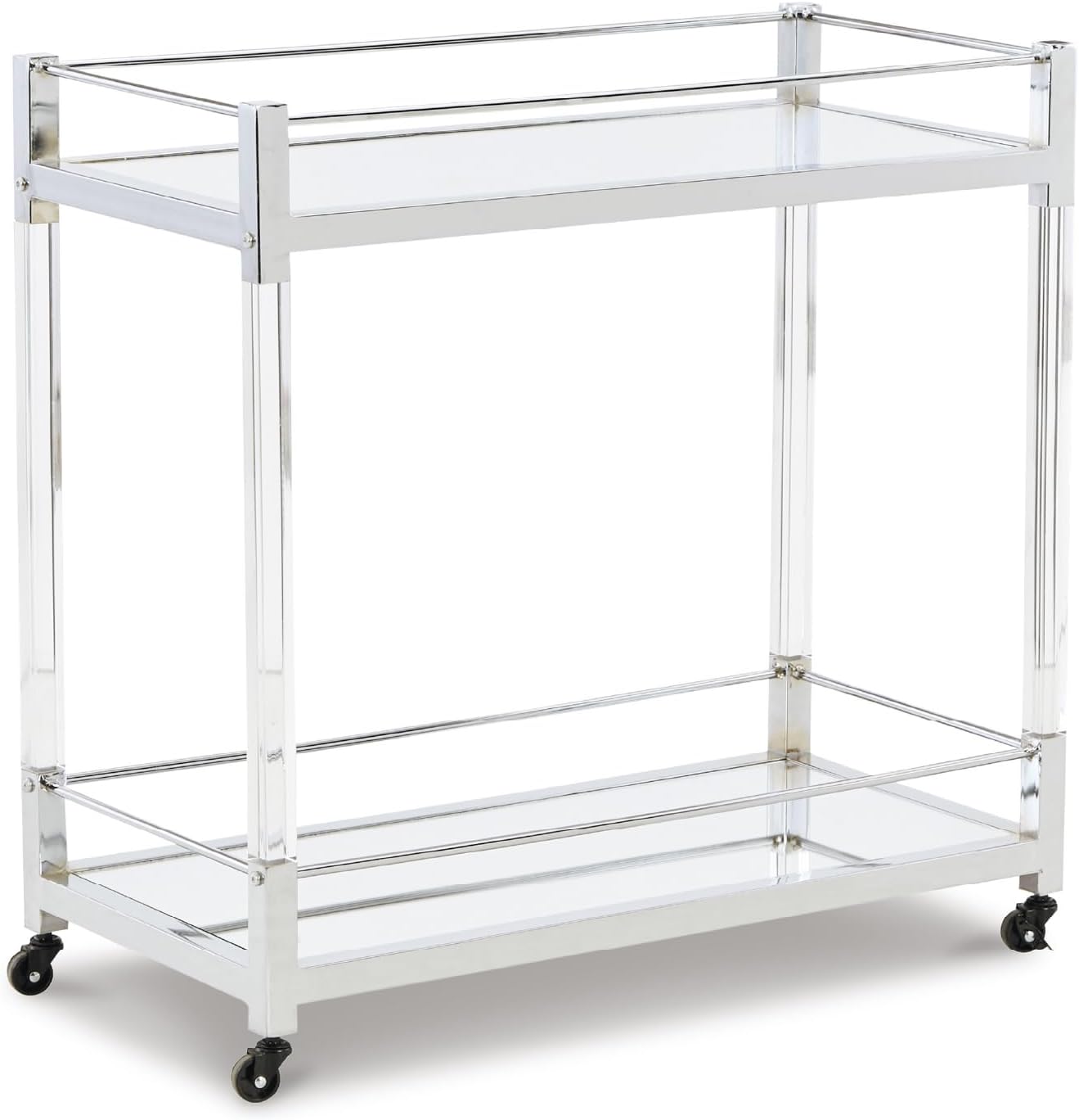 Signature Design by Ashley Plattfield Casual Antiqued 2-Tier Bar Cart with Casters, for Kitchen and Dining Room, Metallic & White