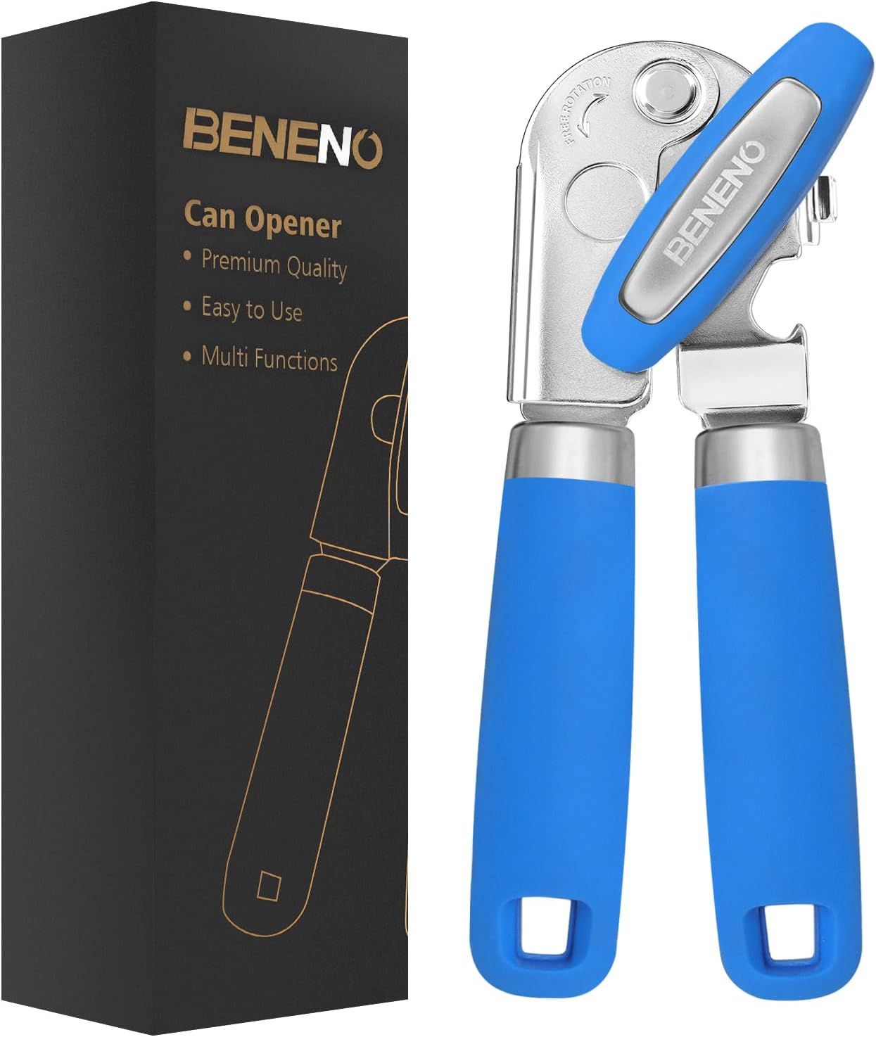 Beneno Can Opener Manual with Magnet, Hand Held Heavy Duty Can Opener with Durable Sharp Blade Smooth Edge, Big Effort-Saving Knob, Soft Grip Rubber Handle, Multifunctional Bottle Opener, Green