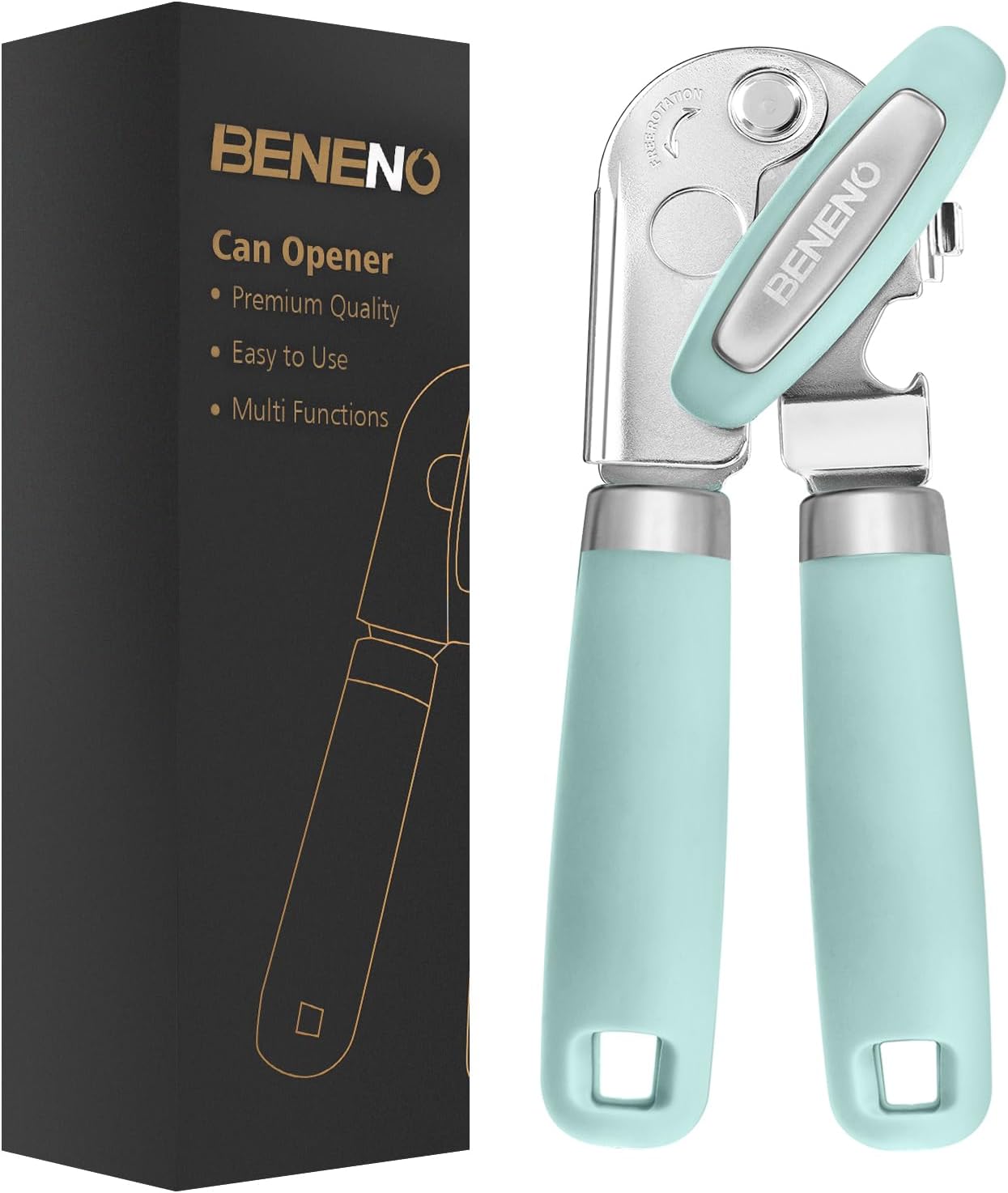 Beneno Can Opener Manual with Magnet, Hand Held Heavy Duty Can Opener with Durable Sharp Blade Smooth Edge, Big Effort-Saving Knob, Soft Grip Rubber Handle, Multifunctional Bottle Opener, Green