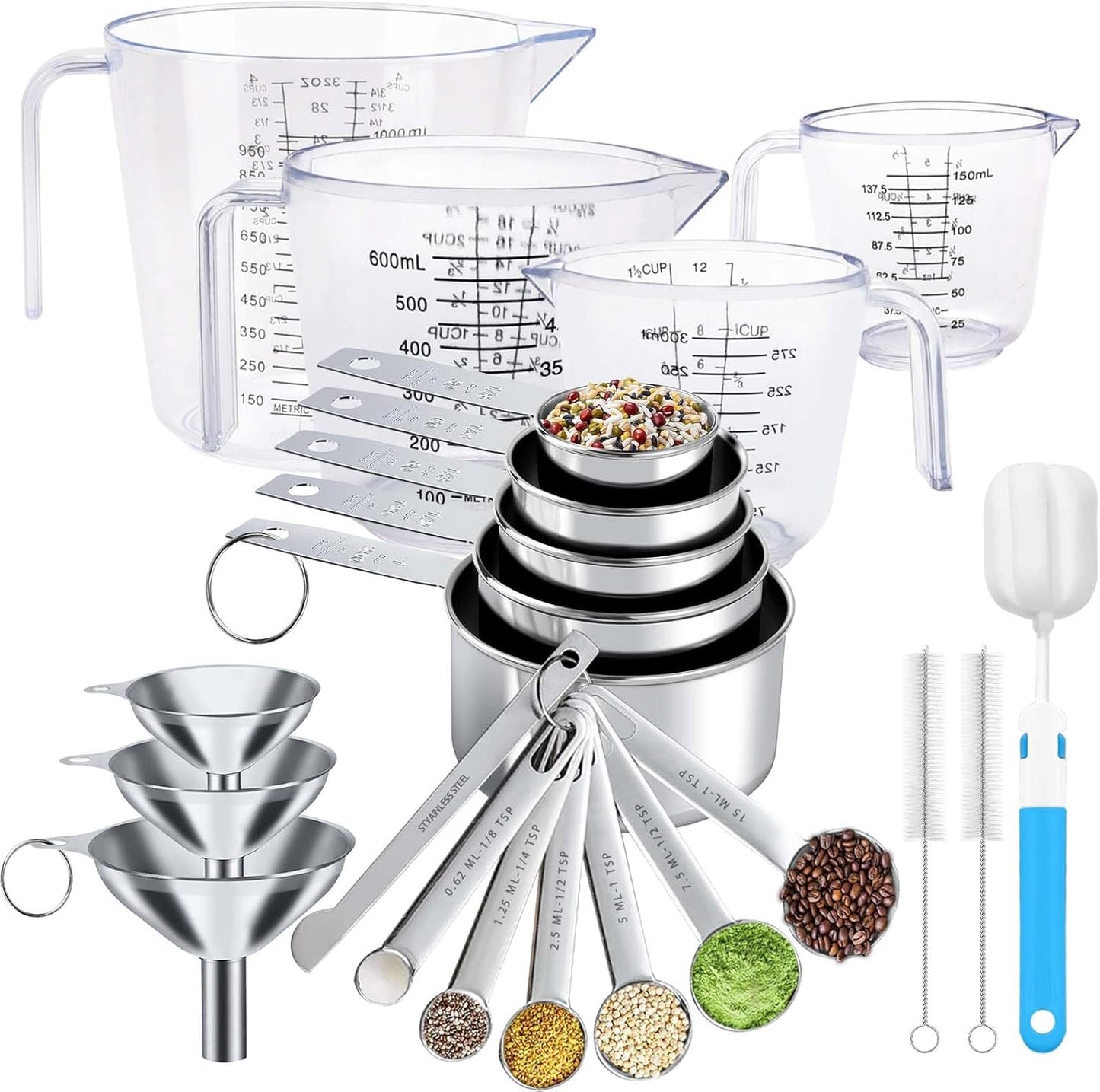 Measuring Cups and Spoons Set 21 Piece, 11 Stainless Steel Nesting Measuring Spoons and Cups with 3 Plastic Measuring Cup, 3 Funnel, 3 Brush, 1 Ruler, Measuring Cup Set for Kitchen Baking Liquid Dry