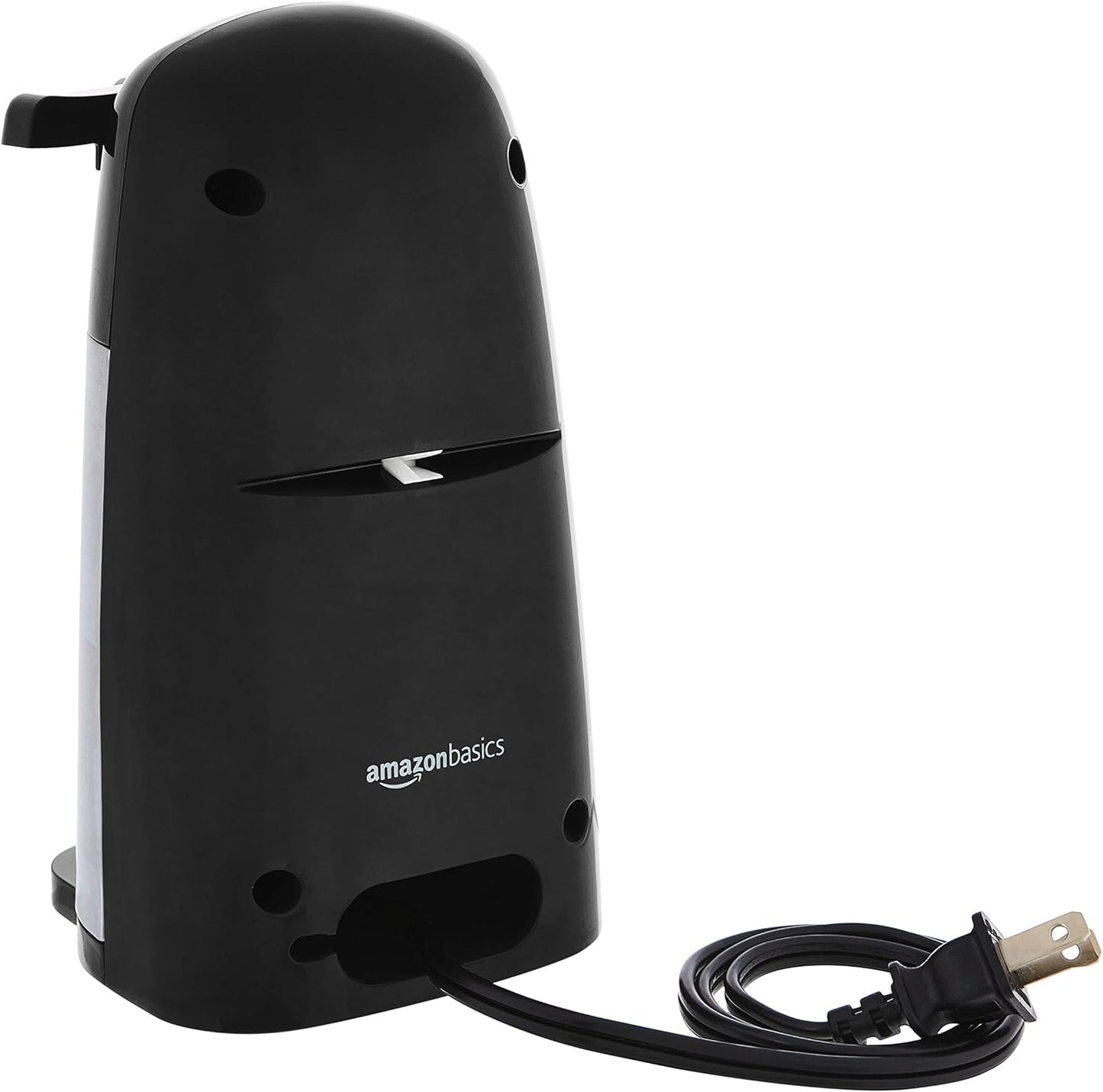 Amazon Basics 3-In-1 Electric Can Opener, Bottle Opener and Knife Sharpener, with Stainless Steel Blade, Magnetic Lid Holder, Automatic, Countertop, 50W, Black