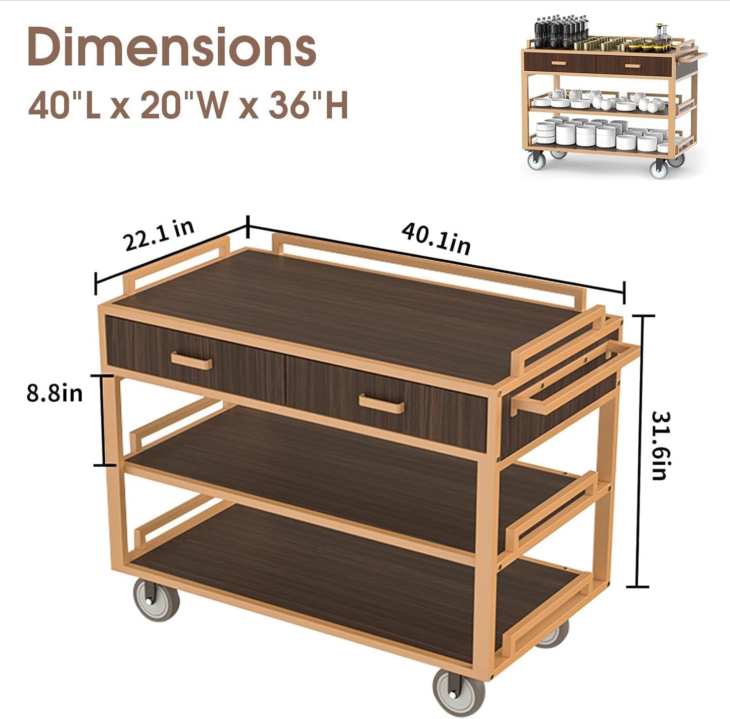 Bar Cart with Wheels, 3-Tier Vintage Wood Serving Cart, 150 lbs Heavy Duty Rolling Drink Cart for Home, Kitchen, Cocktail, Coffee & Wine Storage (WithoutCabinet)