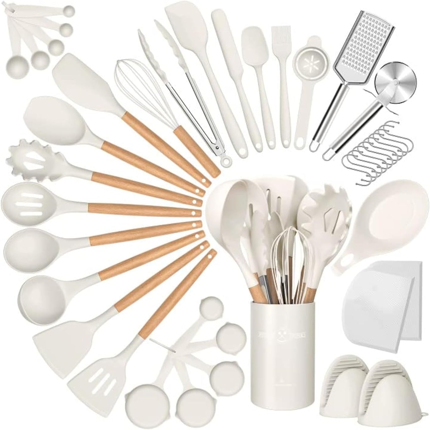 Silicone Cooking Utensils Set, 43Pcs Non-Stick Heat Resistant Kitchen Utensils Spatula Set with Wooden Handle for Baking, Cooking, and Mixing, Best Kitchen Gadgets Tools with Holder (Khaki)