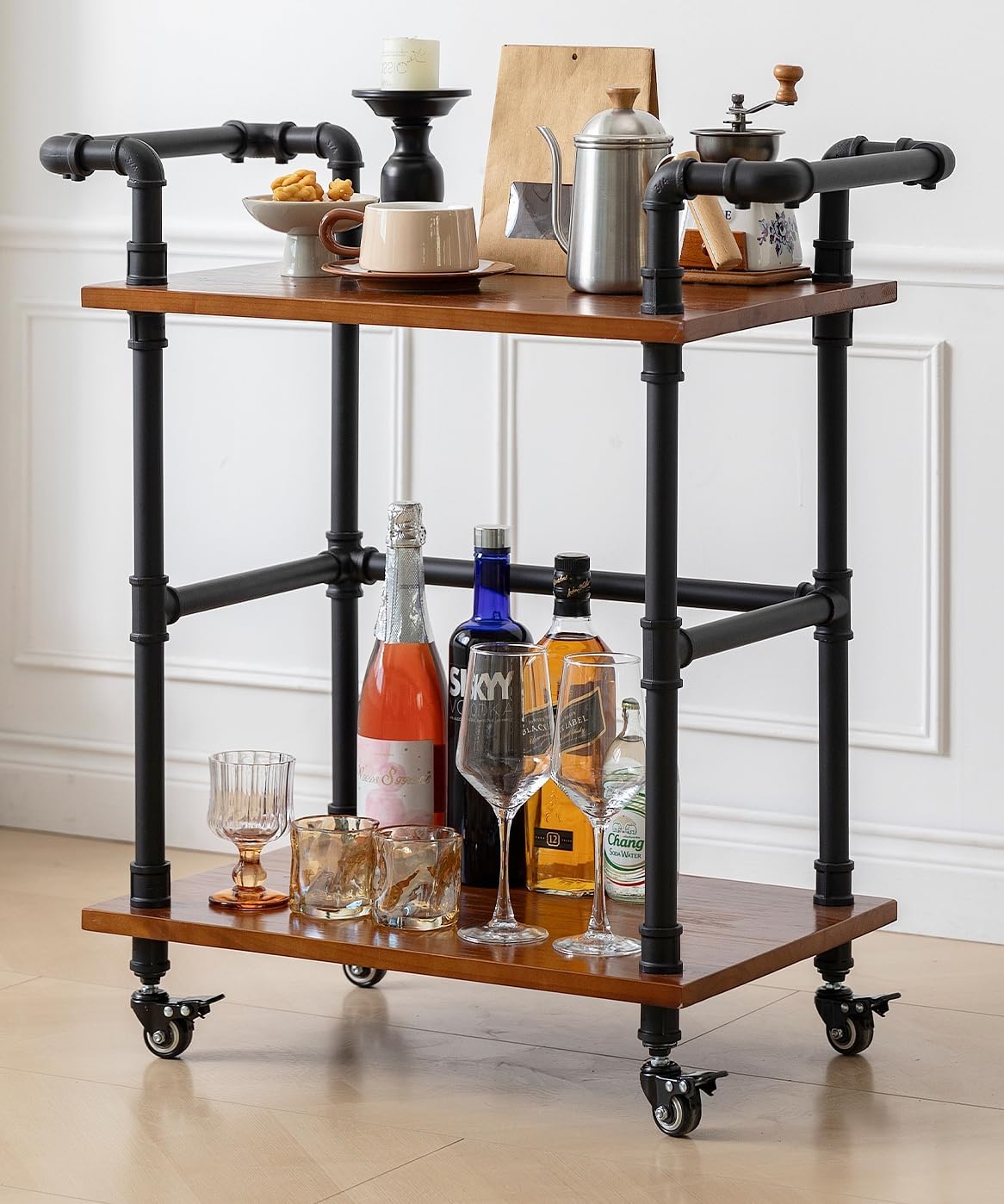 Industrial Pipe Bar Carts/Serving Carts/Kitchen Carts/Wine Rack Carts on Wheels with Shelves - Wood Rolling Carts - Wine Tea Liquor Shelves/Holder - Home Furniture
