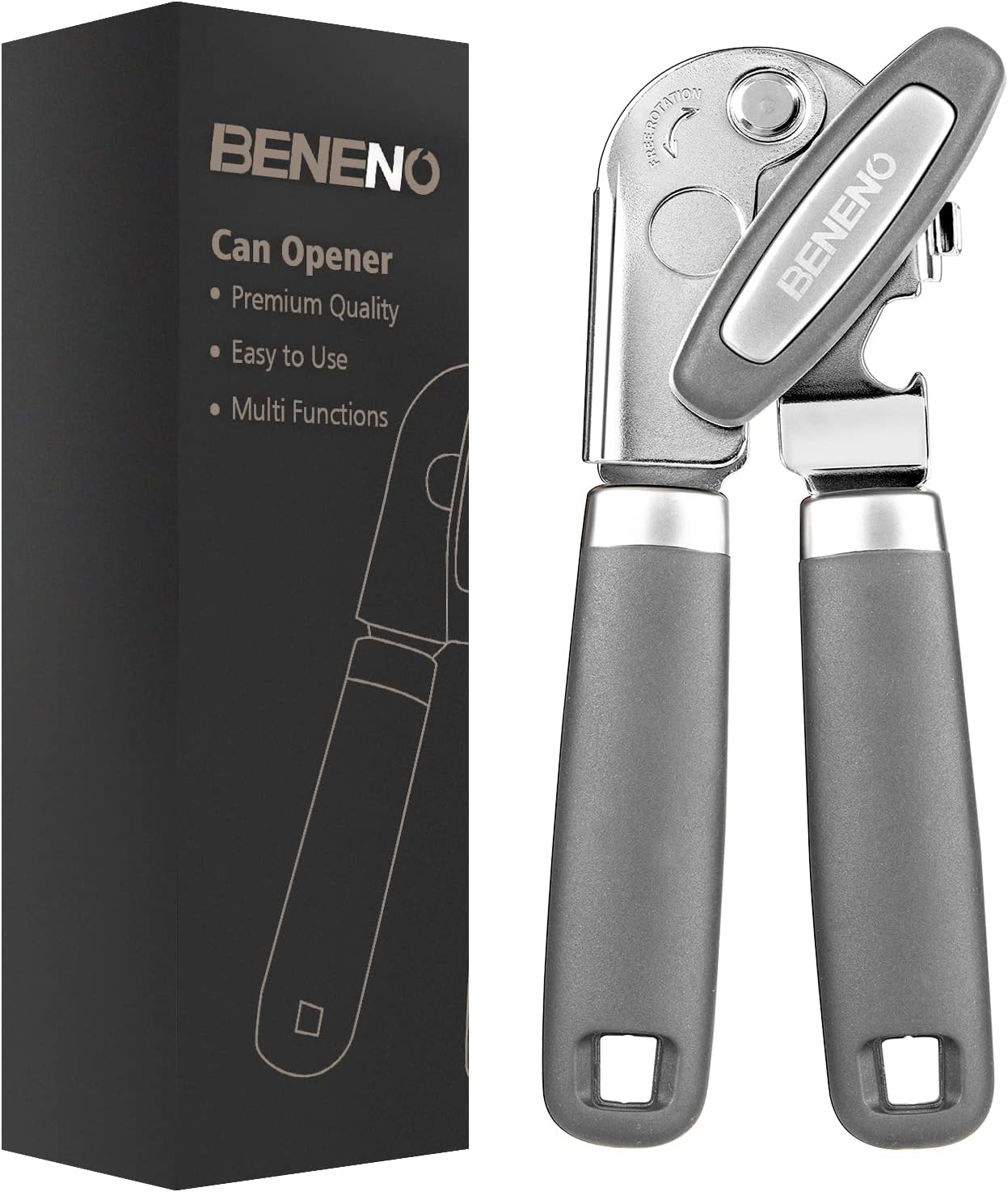 Beneno Can Opener Manual with Magnet, Hand Held Heavy Duty Can Opener with Durable Sharp Blade Smooth Edge, Big Effort-Saving Knob, Soft Grip Rubber Handle, Multifunctional Bottle Opener, Green
