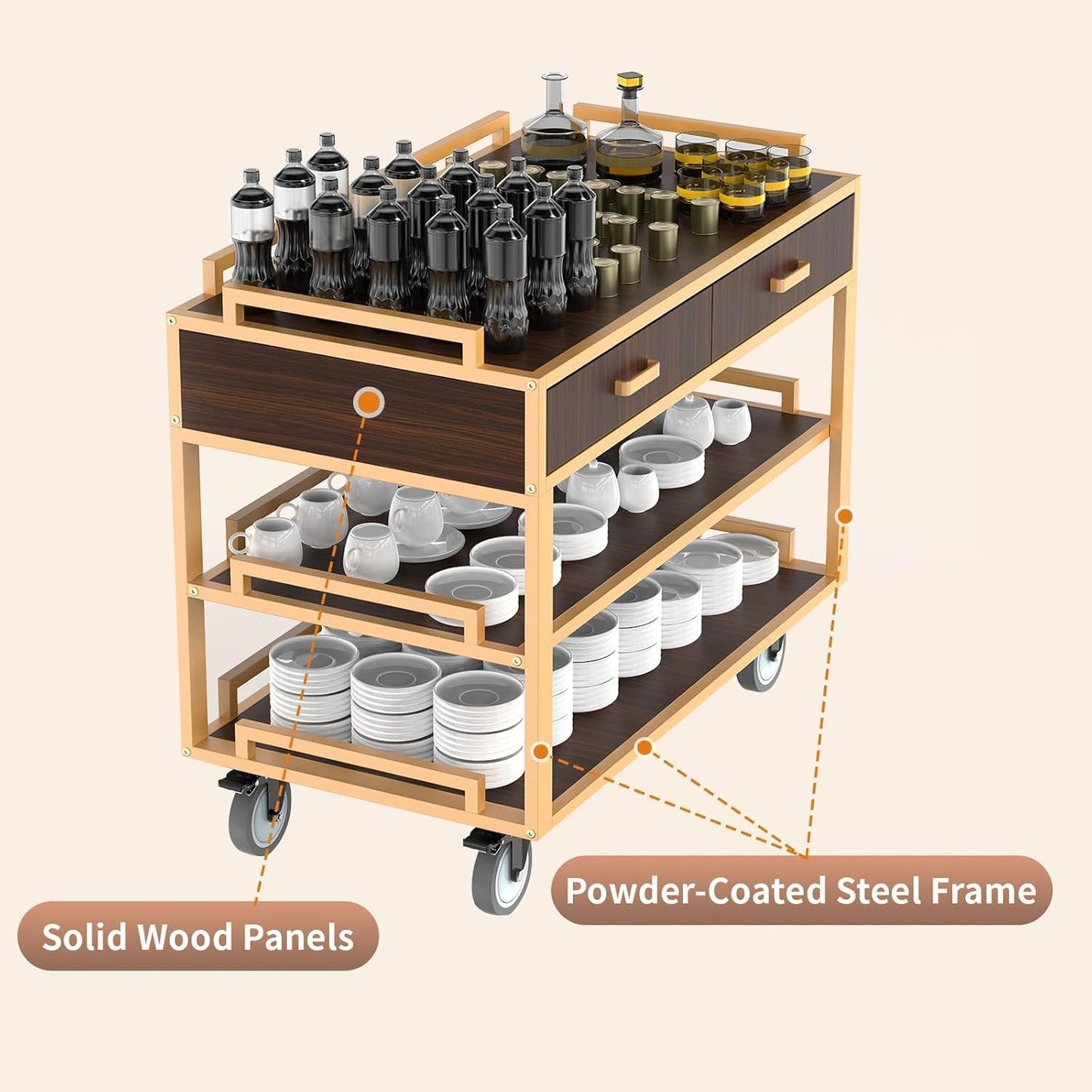Bar Cart with Wheels, 3-Tier Vintage Wood Serving Cart, 150 lbs Heavy Duty Rolling Drink Cart for Home, Kitchen, Cocktail, Coffee & Wine Storage (WithoutCabinet)
