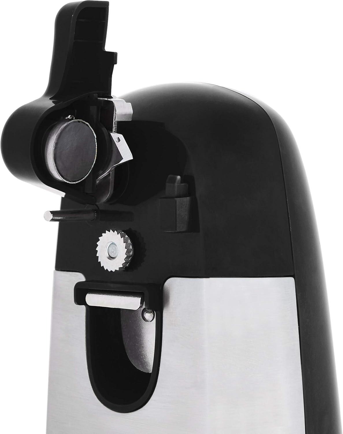Amazon Basics 3-In-1 Electric Can Opener, Bottle Opener and Knife Sharpener, with Stainless Steel Blade, Magnetic Lid Holder, Automatic, Countertop, 50W, Black