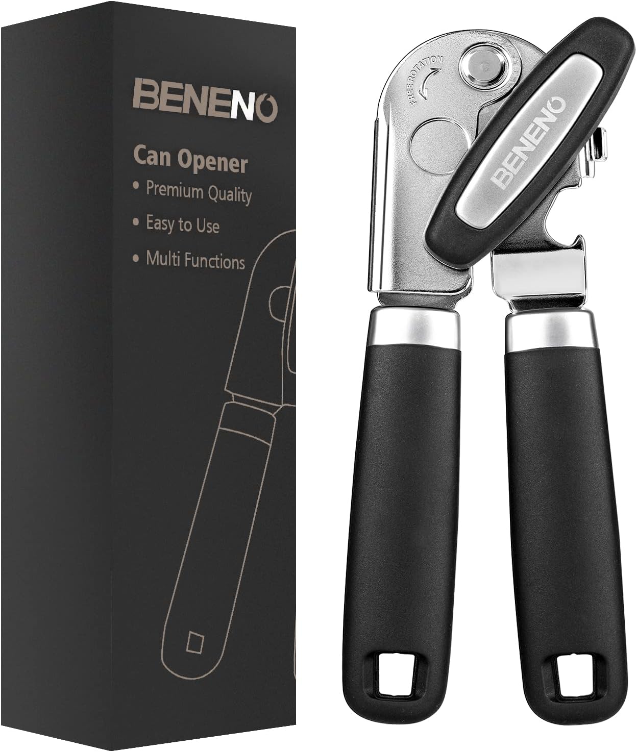 Beneno Can Opener Manual with Magnet, Hand Held Heavy Duty Can Opener with Durable Sharp Blade Smooth Edge, Big Effort-Saving Knob, Soft Grip Rubber Handle, Multifunctional Bottle Opener, Green