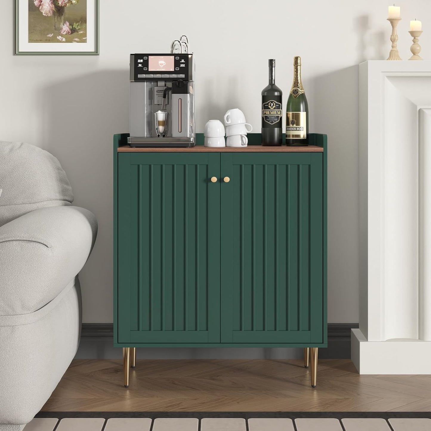 Coffee Bar Cabinet with Wine Racks, Wine Cabinet with Drawer and Adjustable Shelves, Liquor Cabinet, Sideboard Bar Cabinets for Home, Living Room, Dining Room (Green)