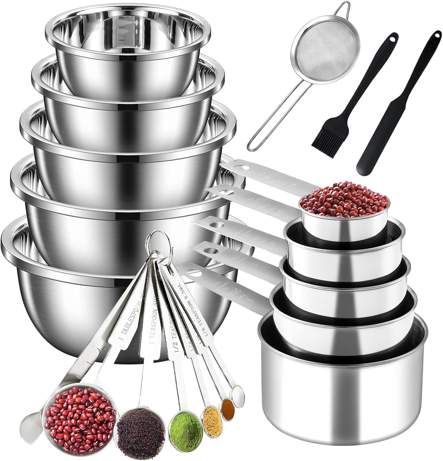 Measuring Cups and Spoons Set 21 Piece, 11 Stainless Steel Nesting Measuring Spoons and Cups with 3 Plastic Measuring Cup, 3 Funnel, 3 Brush, 1 Ruler, Measuring Cup Set for Kitchen Baking Liquid Dry