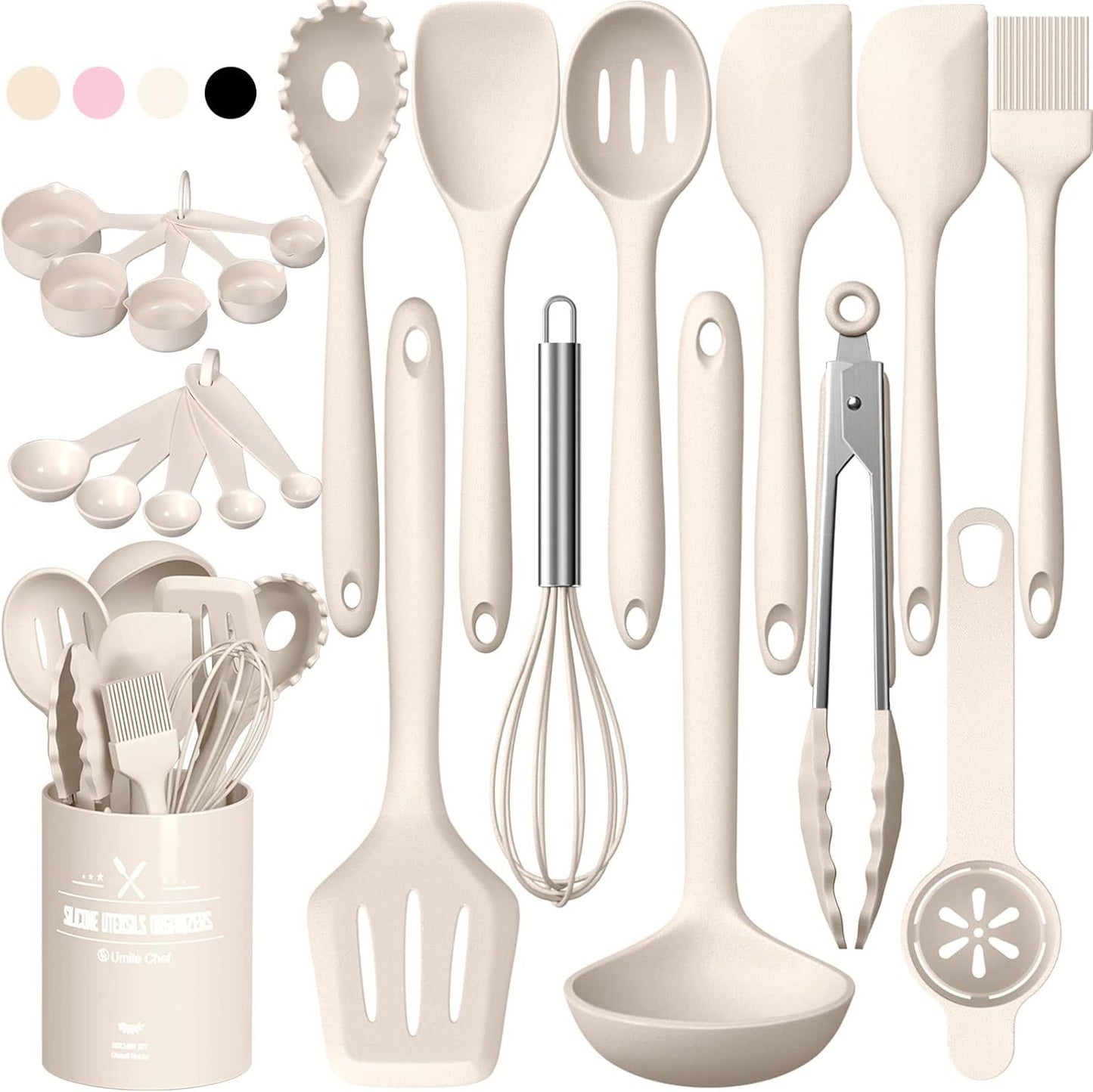 Umite Chef 22Pcs Silicone Cooking Utensils Set, Heat Resistant Silicone Kitchen Spatulas Set with Holder, Cooking Gadgets Tools Set for Nonstick Cookware, Dishwasher Safe(Pink)