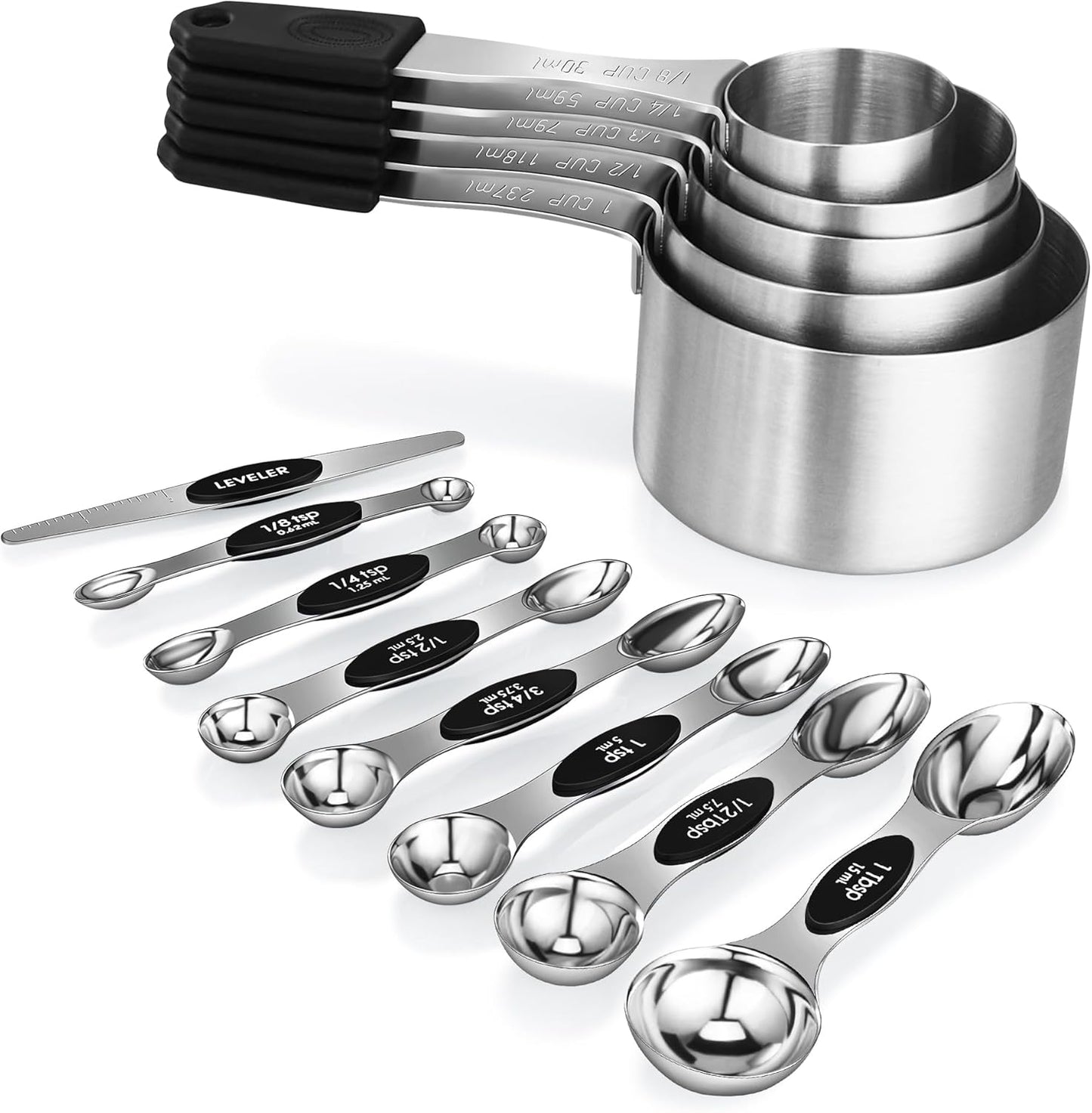 Magnetic Measuring cups and spoons Set, 5 Stainless Steel Magnetic Measuring Cup and 8 Double Sided Measuring Spoons with 1 Leveler,Kitchen Gadgets for Cooking & Baking