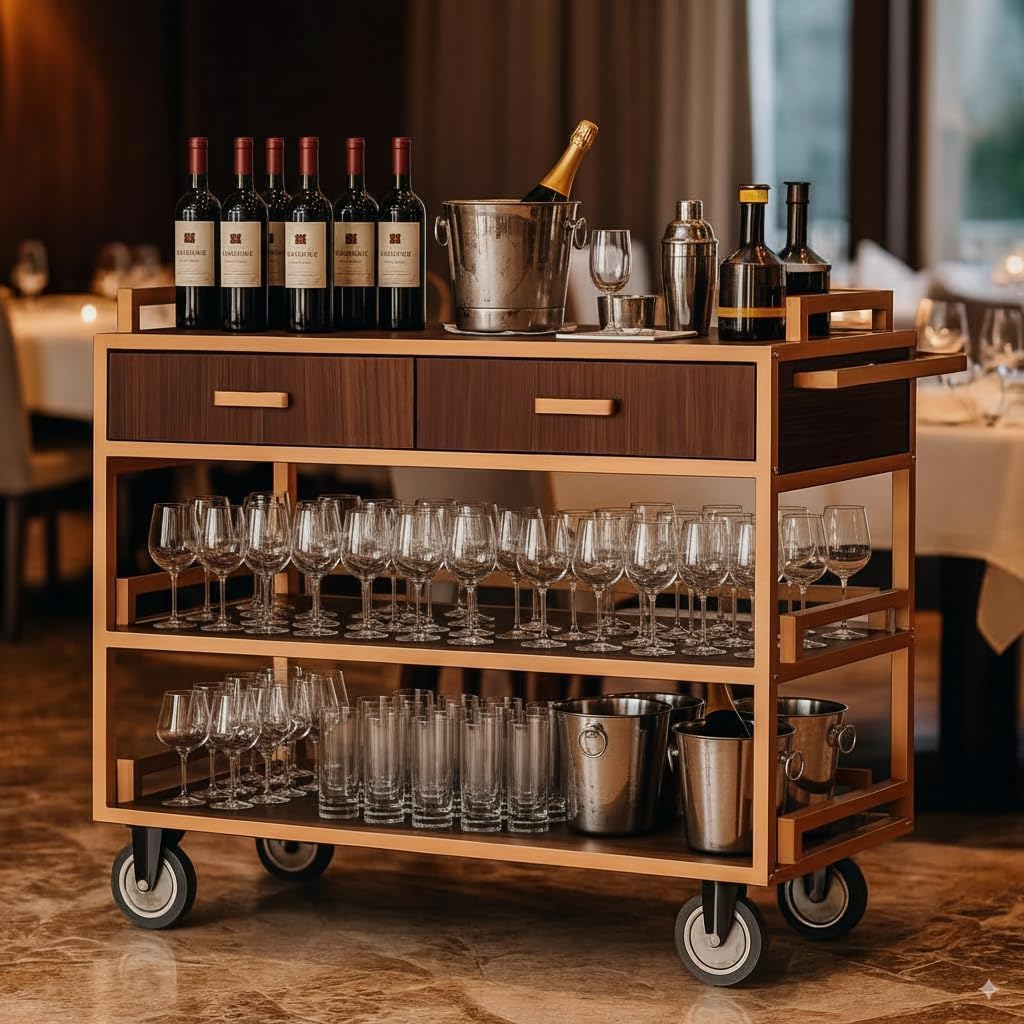 Bar Cart with Wheels, 3-Tier Vintage Wood Serving Cart, 150 lbs Heavy Duty Rolling Drink Cart for Home, Kitchen, Cocktail, Coffee & Wine Storage (WithoutCabinet)