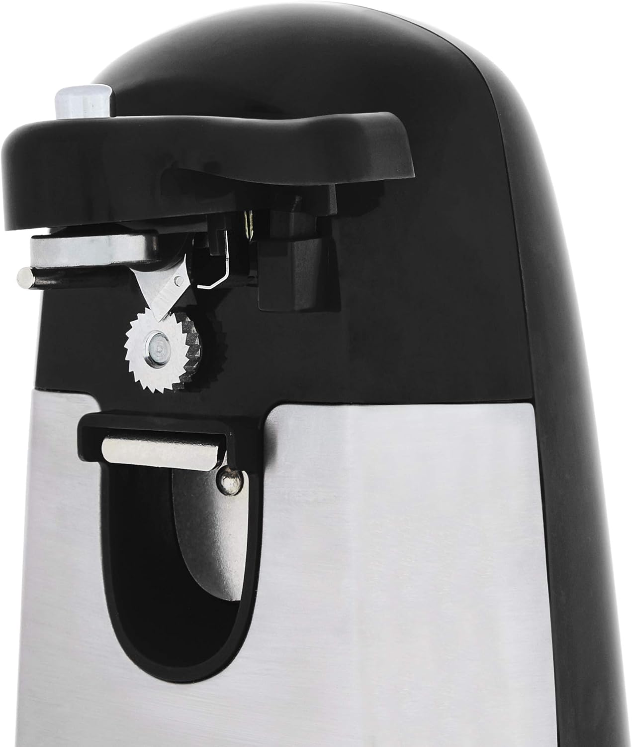 Amazon Basics 3-In-1 Electric Can Opener, Bottle Opener and Knife Sharpener, with Stainless Steel Blade, Magnetic Lid Holder, Automatic, Countertop, 50W, Black