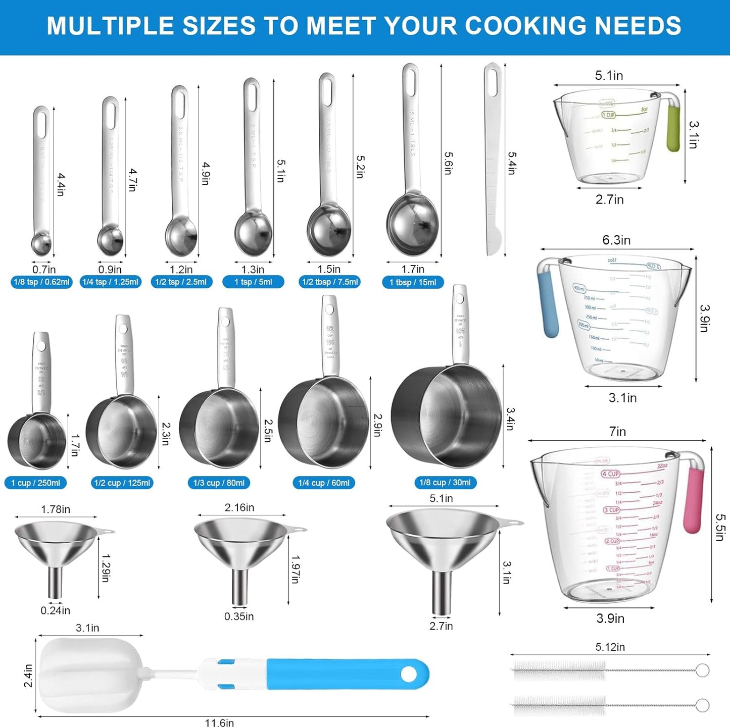 Measuring Cups and Spoons Set 21 Piece, 11 Stainless Steel Nesting Measuring Spoons and Cups with 3 Plastic Measuring Cup, 3 Funnel, 3 Brush, 1 Ruler, Measuring Cup Set for Kitchen Baking Liquid Dry