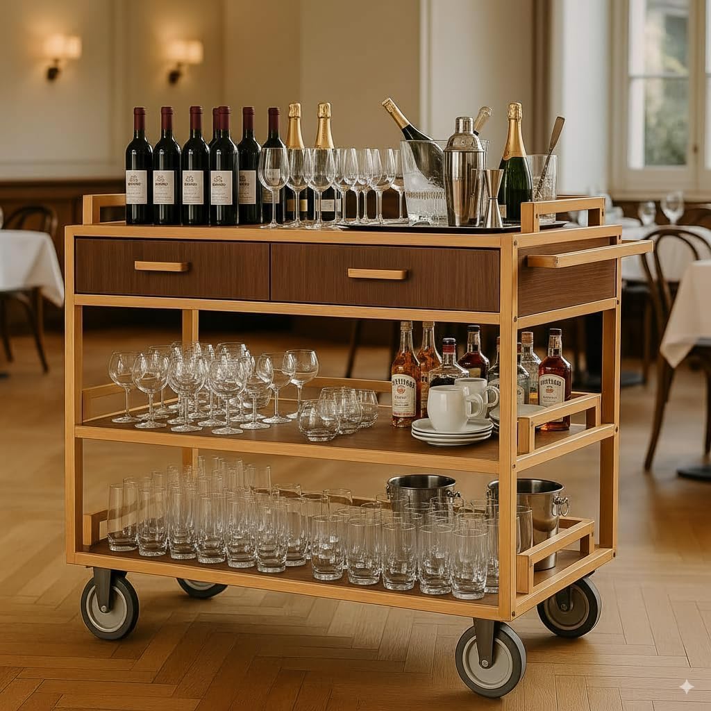Bar Cart with Wheels, 3-Tier Vintage Wood Serving Cart, 150 lbs Heavy Duty Rolling Drink Cart for Home, Kitchen, Cocktail, Coffee & Wine Storage (WithoutCabinet)