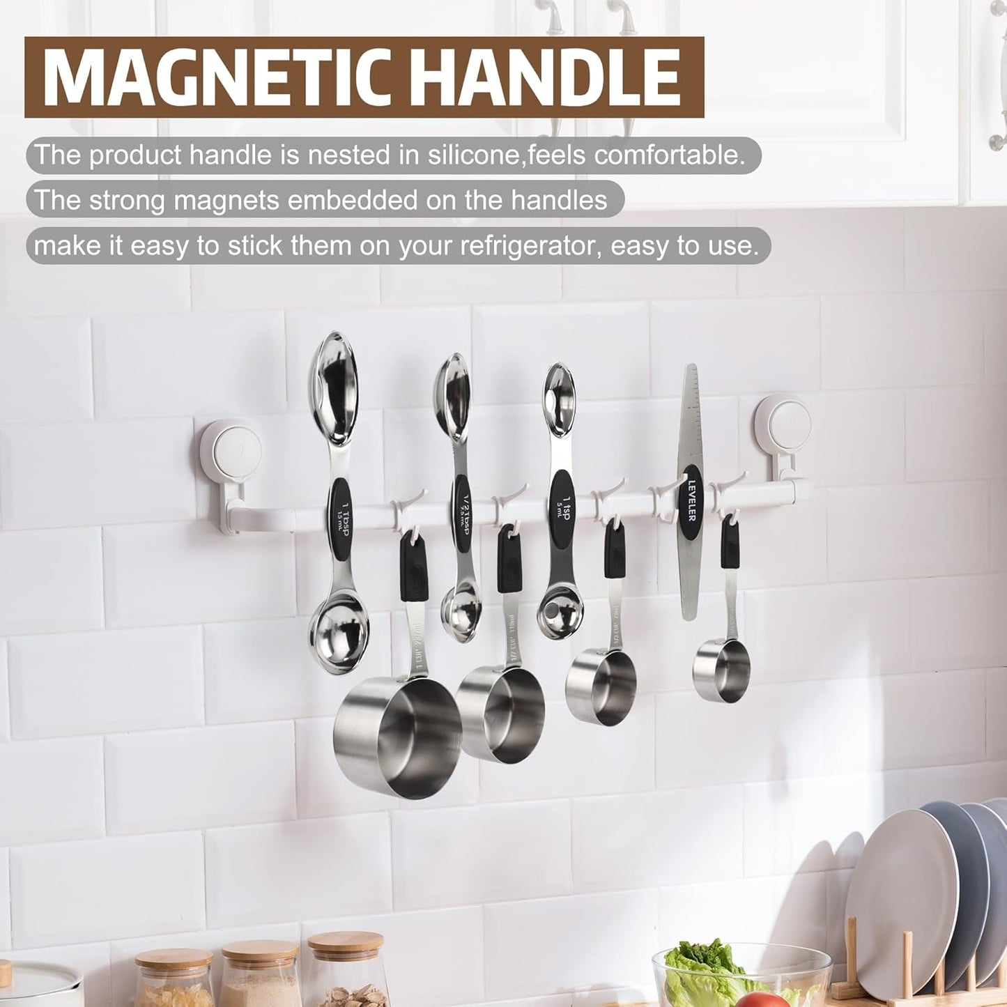 Magnetic Measuring cups and spoons Set, 5 Stainless Steel Magnetic Measuring Cup and 8 Double Sided Measuring Spoons with 1 Leveler,Kitchen Gadgets for Cooking & Baking