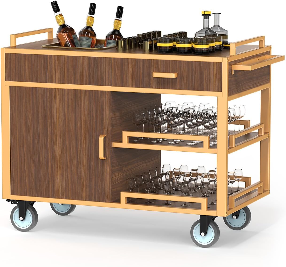 Bar Cart with Wheels, 3-Tier Vintage Wood Serving Cart, 150 lbs Heavy Duty Rolling Drink Cart for Home, Kitchen, Cocktail, Coffee & Wine Storage (WithoutCabinet)