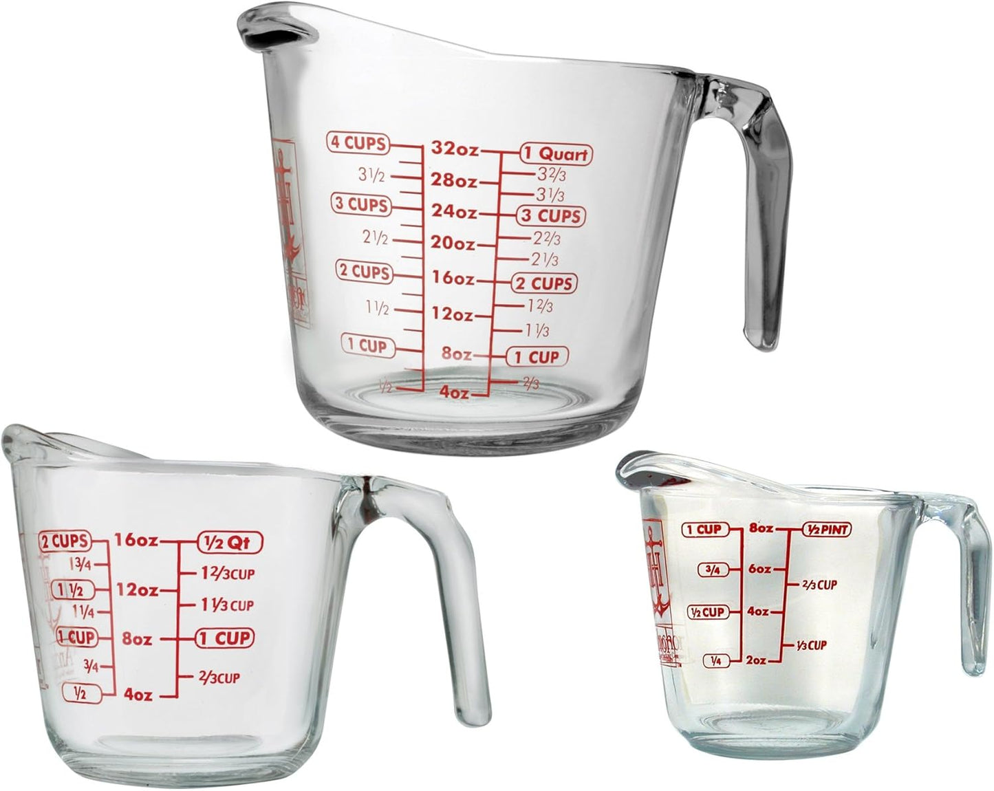 Anchor Hocking Glass Measuring Cups, 4 Piece Set (5 Ounce, 1 Cup, 2 Cup, 4 Cup liquid measuring cups)