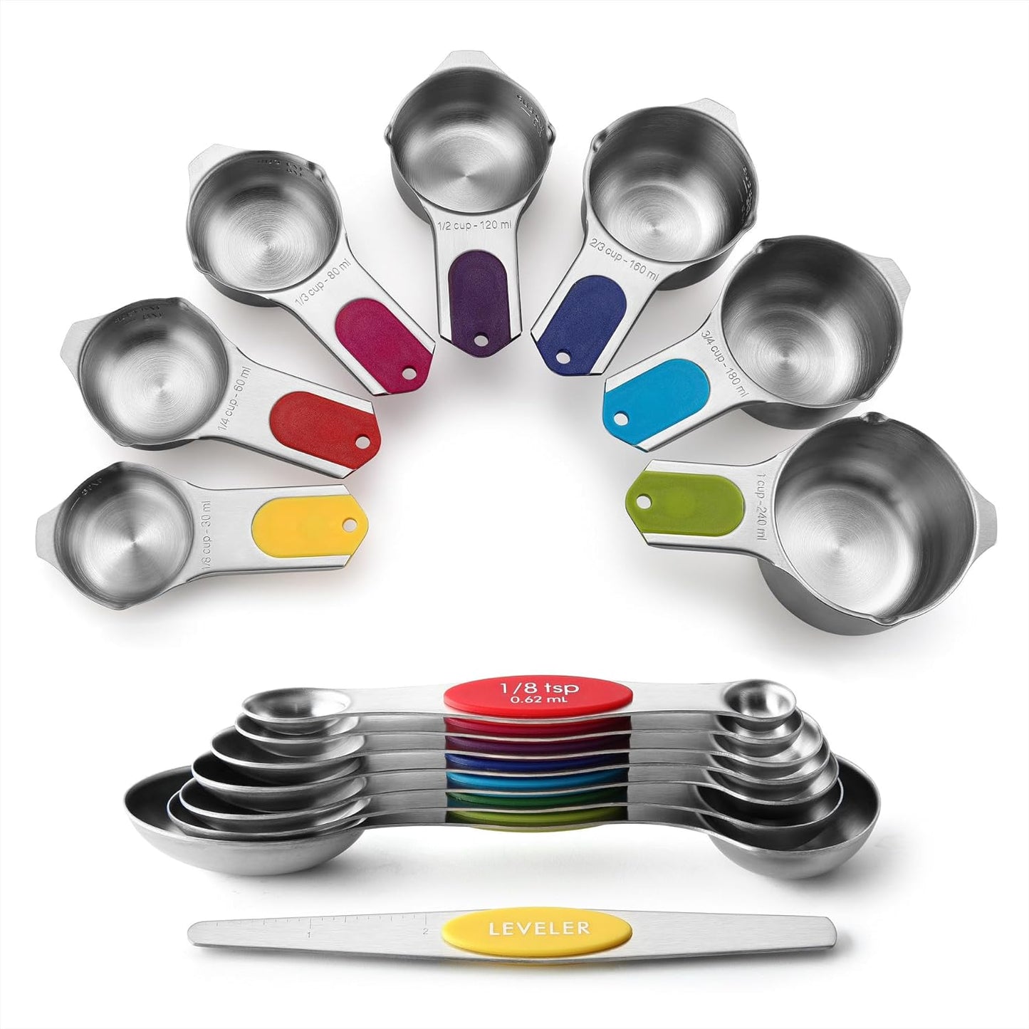 Spring Chef Magnetic Measuring Cups & Spoons Set (Patent Pending), Strong N45 Magnets, Heavy Duty Stainless Steel Fits in Spice Jars for Baking & Cooking, BPA Free, Round Set of 15 with Leveler, Black