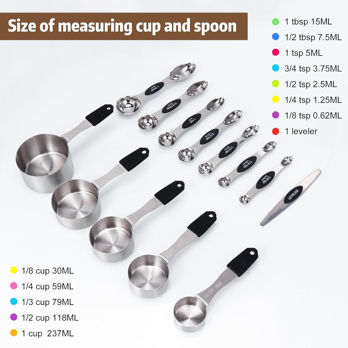 Magnetic Measuring cups and spoons Set, 5 Stainless Steel Magnetic Measuring Cup and 8 Double Sided Measuring Spoons with 1 Leveler,Kitchen Gadgets for Cooking & Baking