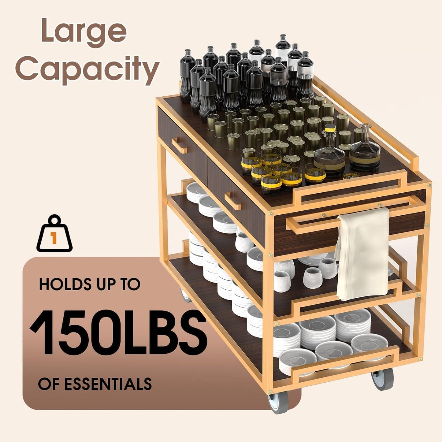Bar Cart with Wheels, 3-Tier Vintage Wood Serving Cart, 150 lbs Heavy Duty Rolling Drink Cart for Home, Kitchen, Cocktail, Coffee & Wine Storage (WithoutCabinet)