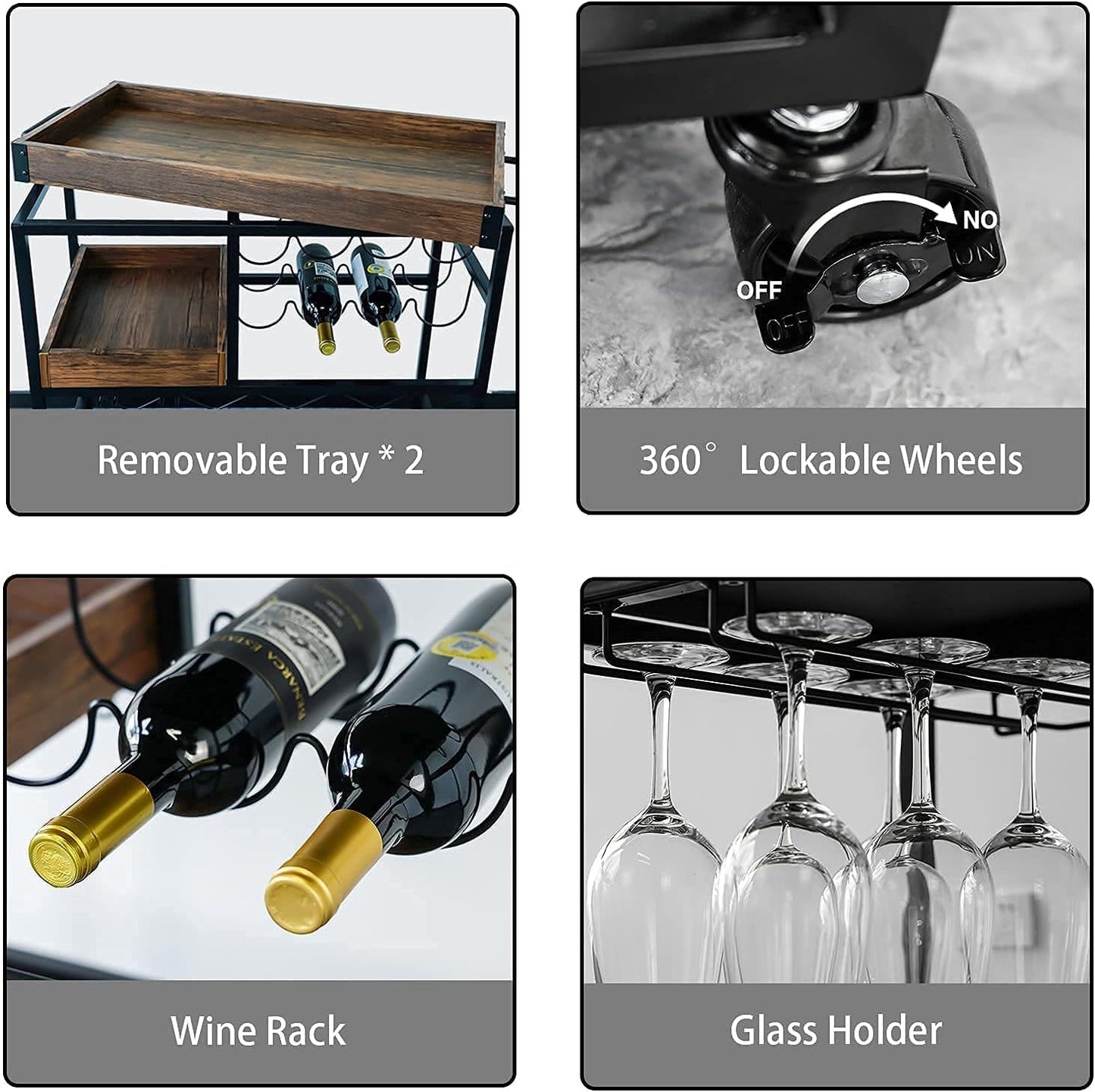 Bar Cart Industrial Mobile Kitchen Serving Carts for Home 3 Tier Storage Trolley with Wine Rack Glasses Holder Two Portable Trays Universal Casters with Brakes Rustic Rolling Cart for Indoor Outdoor