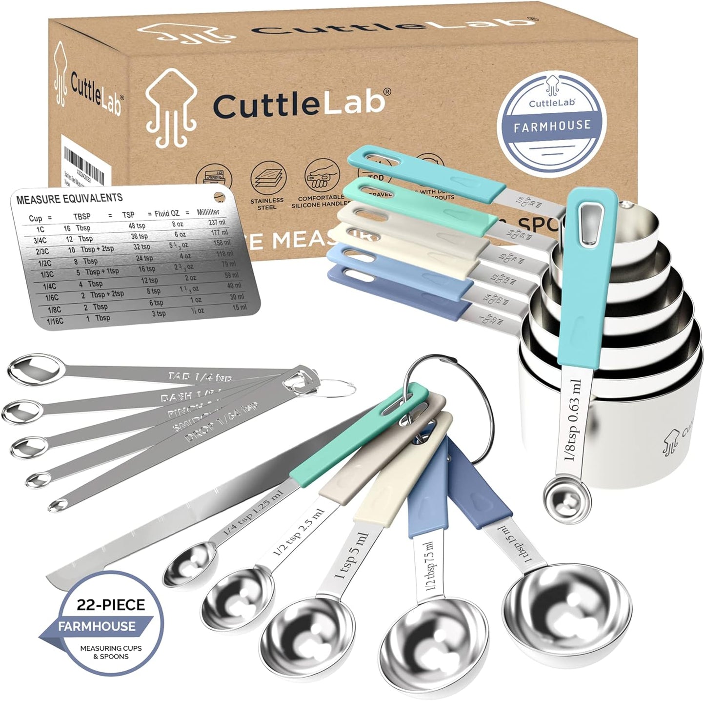 22-Piece Stainless Steel Measuring Cups and Spoons Set, Tad Dash Pinch Smidgen Drop Mini Measuring Spoons, Measuring Stick Leveler, Measurement Conversion Chart Fridge Magnet, (Country Chic)