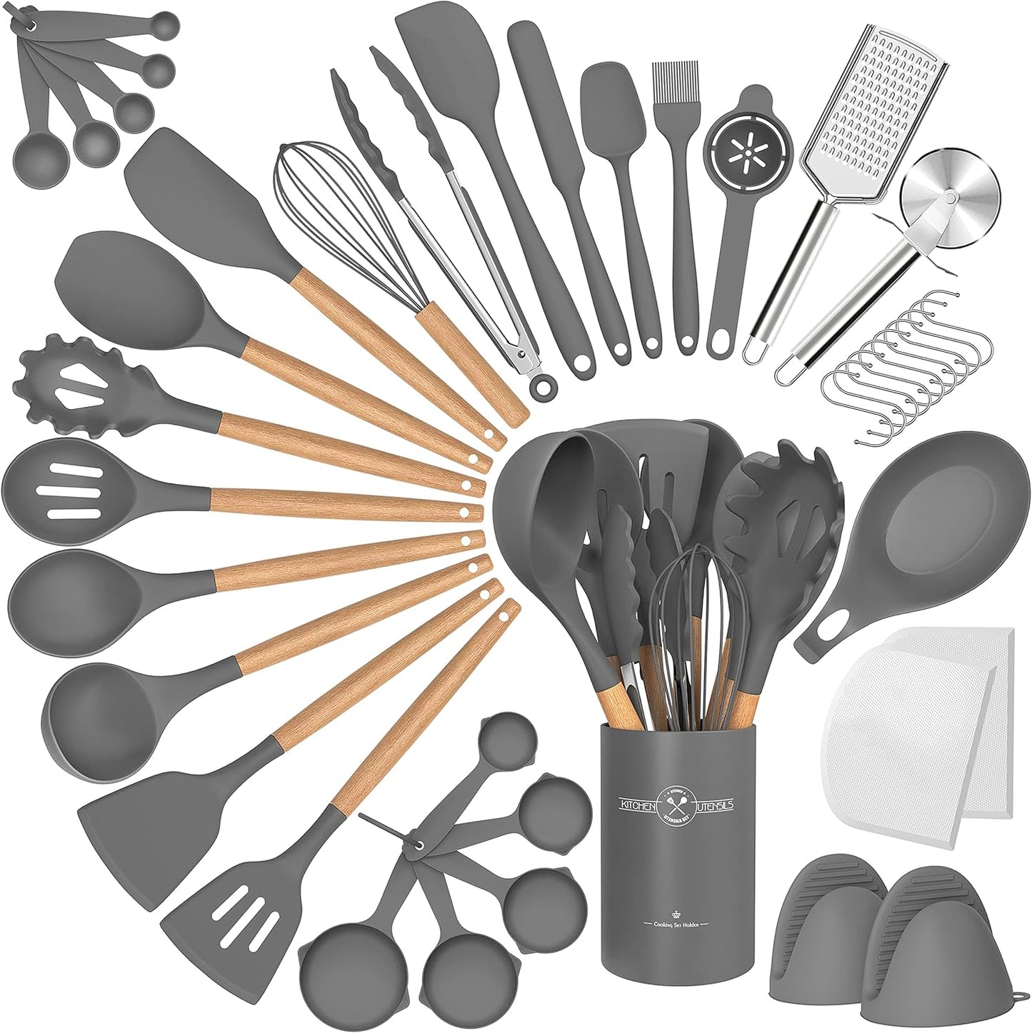 Silicone Cooking Utensils Set, 43Pcs Non-Stick Heat Resistant Kitchen Utensils Spatula Set with Wooden Handle for Baking, Cooking, and Mixing, Best Kitchen Gadgets Tools with Holder (Khaki)