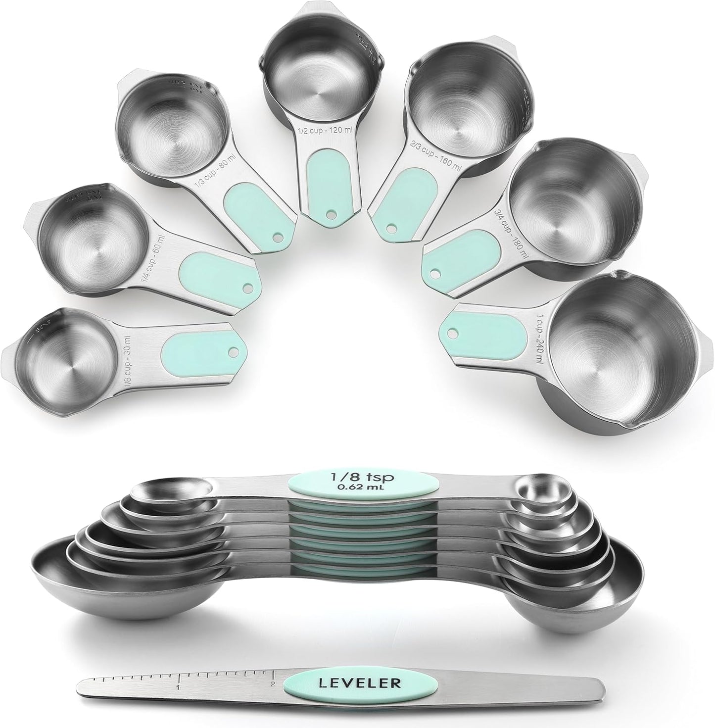 Spring Chef Magnetic Measuring Cups & Spoons Set (Patent Pending), Strong N45 Magnets, Heavy Duty Stainless Steel Fits in Spice Jars for Baking & Cooking, BPA Free, Round Set of 15 with Leveler, Black