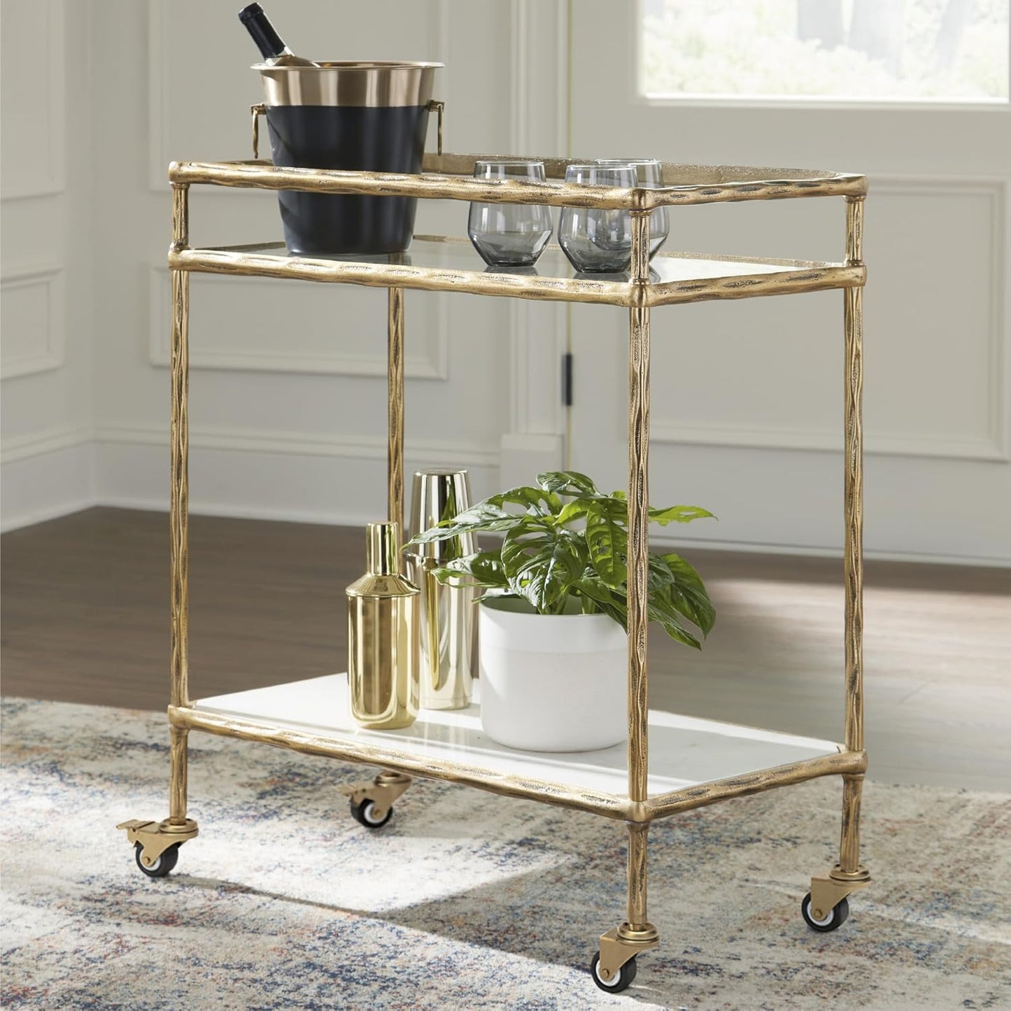 Signature Design by Ashley Plattfield Casual Antiqued 2-Tier Bar Cart with Casters, for Kitchen and Dining Room, Metallic & White