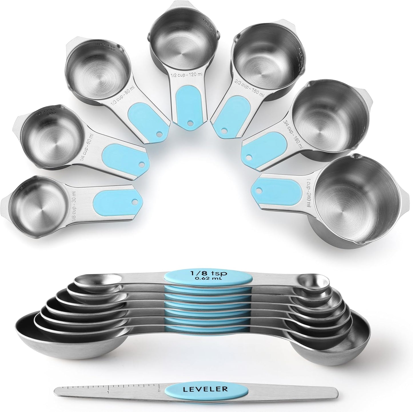 Spring Chef Magnetic Measuring Cups & Spoons Set (Patent Pending), Strong N45 Magnets, Heavy Duty Stainless Steel Fits in Spice Jars for Baking & Cooking, BPA Free, Round Set of 15 with Leveler, Black