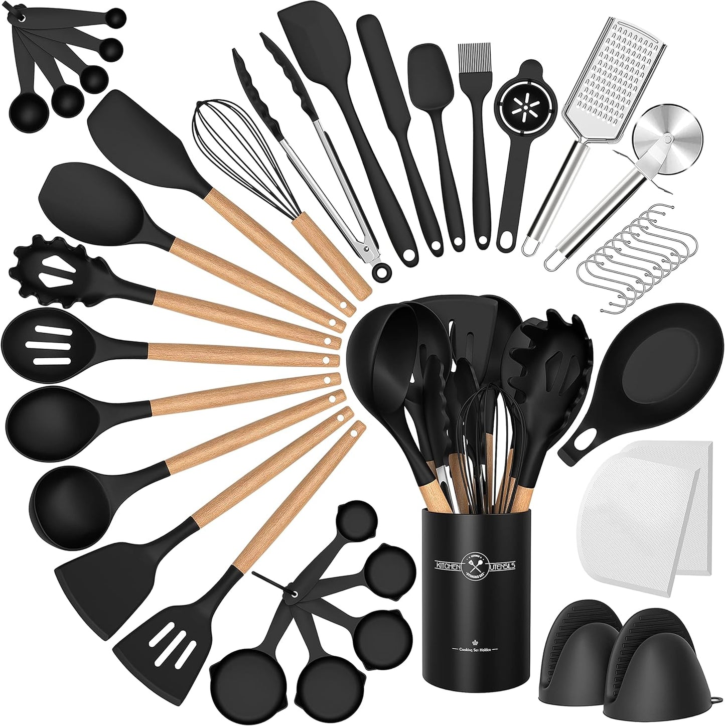 Silicone Cooking Utensils Set, 43Pcs Non-Stick Heat Resistant Kitchen Utensils Spatula Set with Wooden Handle for Baking, Cooking, and Mixing, Best Kitchen Gadgets Tools with Holder (Khaki)