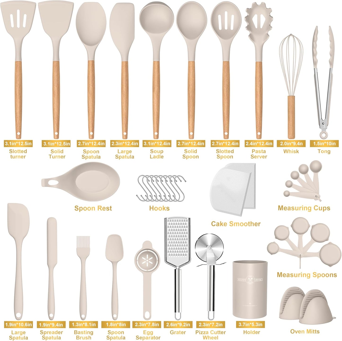 Silicone Cooking Utensils Set, 43Pcs Non-Stick Heat Resistant Kitchen Utensils Spatula Set with Wooden Handle for Baking, Cooking, and Mixing, Best Kitchen Gadgets Tools with Holder (Khaki)