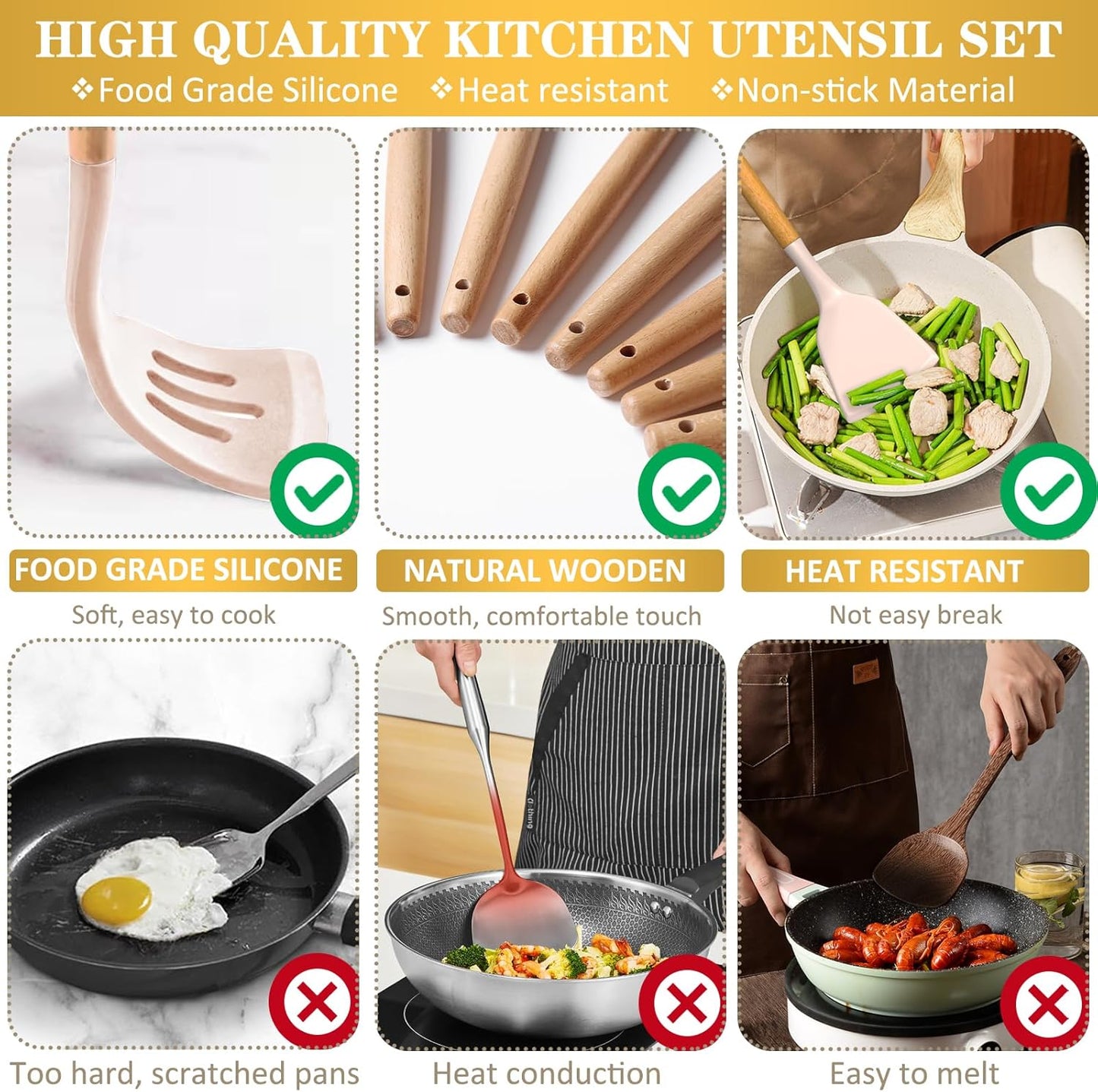 Silicone Cooking Utensils Set, 43Pcs Non-Stick Heat Resistant Kitchen Utensils Spatula Set with Wooden Handle for Baking, Cooking, and Mixing, Best Kitchen Gadgets Tools with Holder (Khaki)