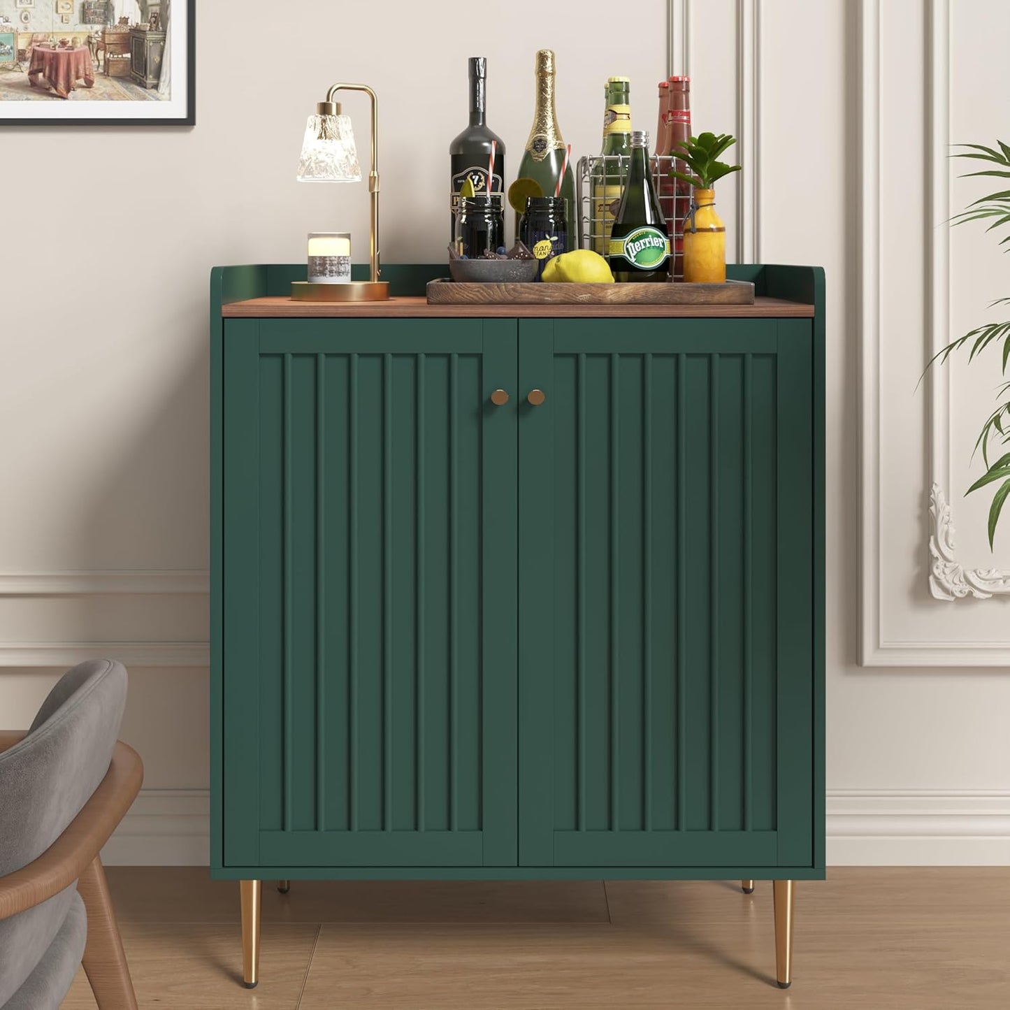Coffee Bar Cabinet with Wine Racks, Wine Cabinet with Drawer and Adjustable Shelves, Liquor Cabinet, Sideboard Bar Cabinets for Home, Living Room, Dining Room (Green)