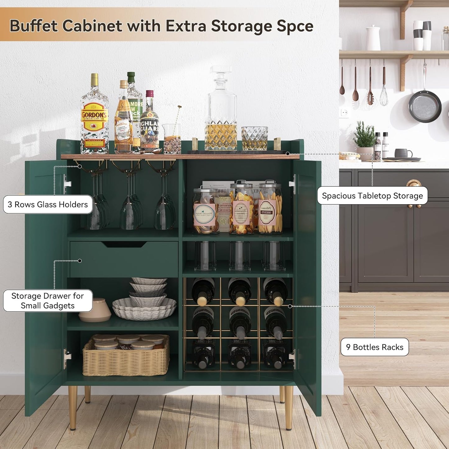 Coffee Bar Cabinet with Wine Racks, Wine Cabinet with Drawer and Adjustable Shelves, Liquor Cabinet, Sideboard Bar Cabinets for Home, Living Room, Dining Room (Green)