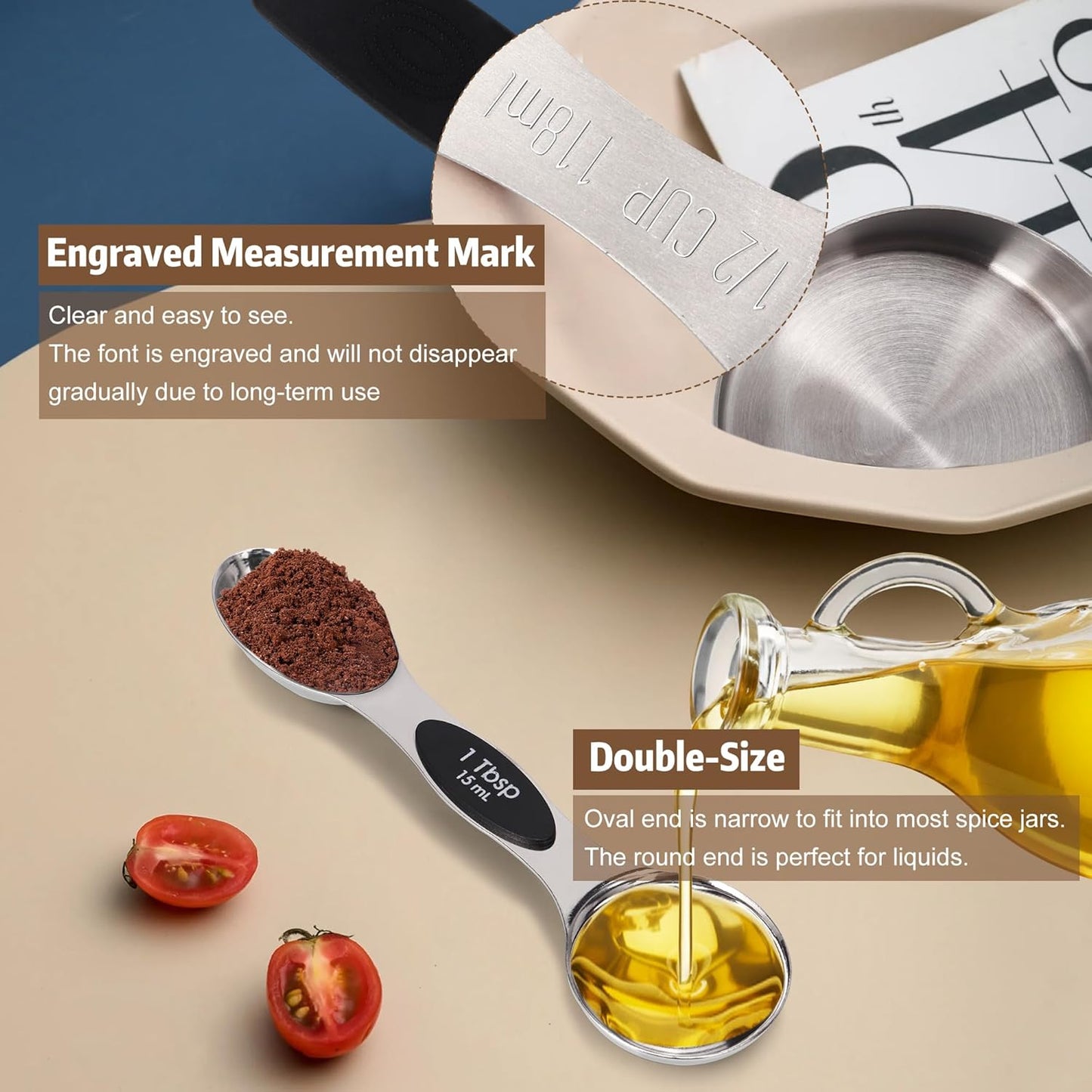 Magnetic Measuring cups and spoons Set, 5 Stainless Steel Magnetic Measuring Cup and 8 Double Sided Measuring Spoons with 1 Leveler,Kitchen Gadgets for Cooking & Baking