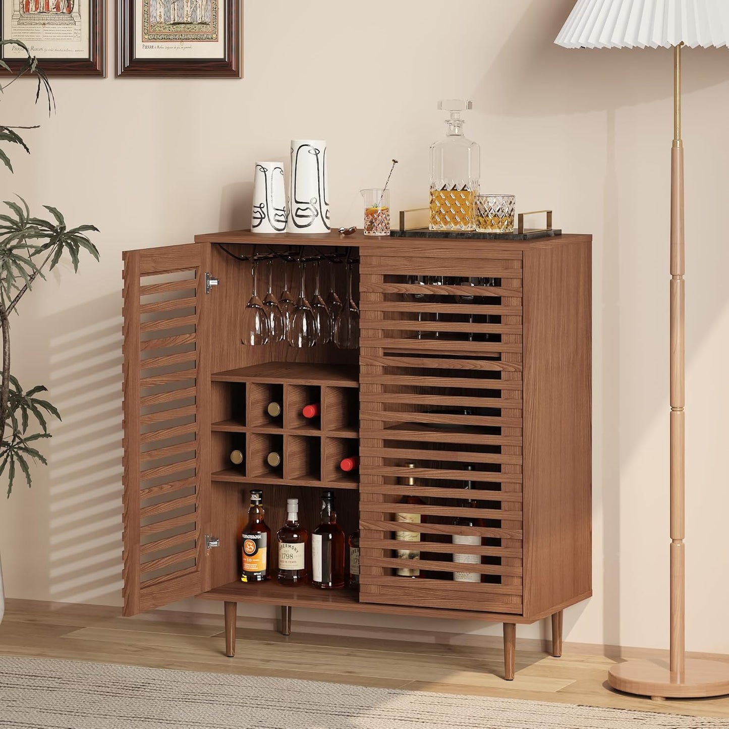 Mid Century Bar Cabinet with Wine Racks, Modern Liquor Cabinet with Slatted Doors for Dining Room, Living Room (Natural Color)