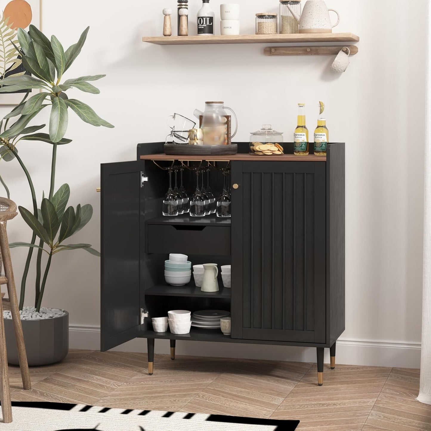 Coffee Bar Cabinet with Wine Racks, Wine Cabinet with Drawer and Adjustable Shelves, Liquor Cabinet, Sideboard Bar Cabinets for Home, Living Room, Dining Room (Green)